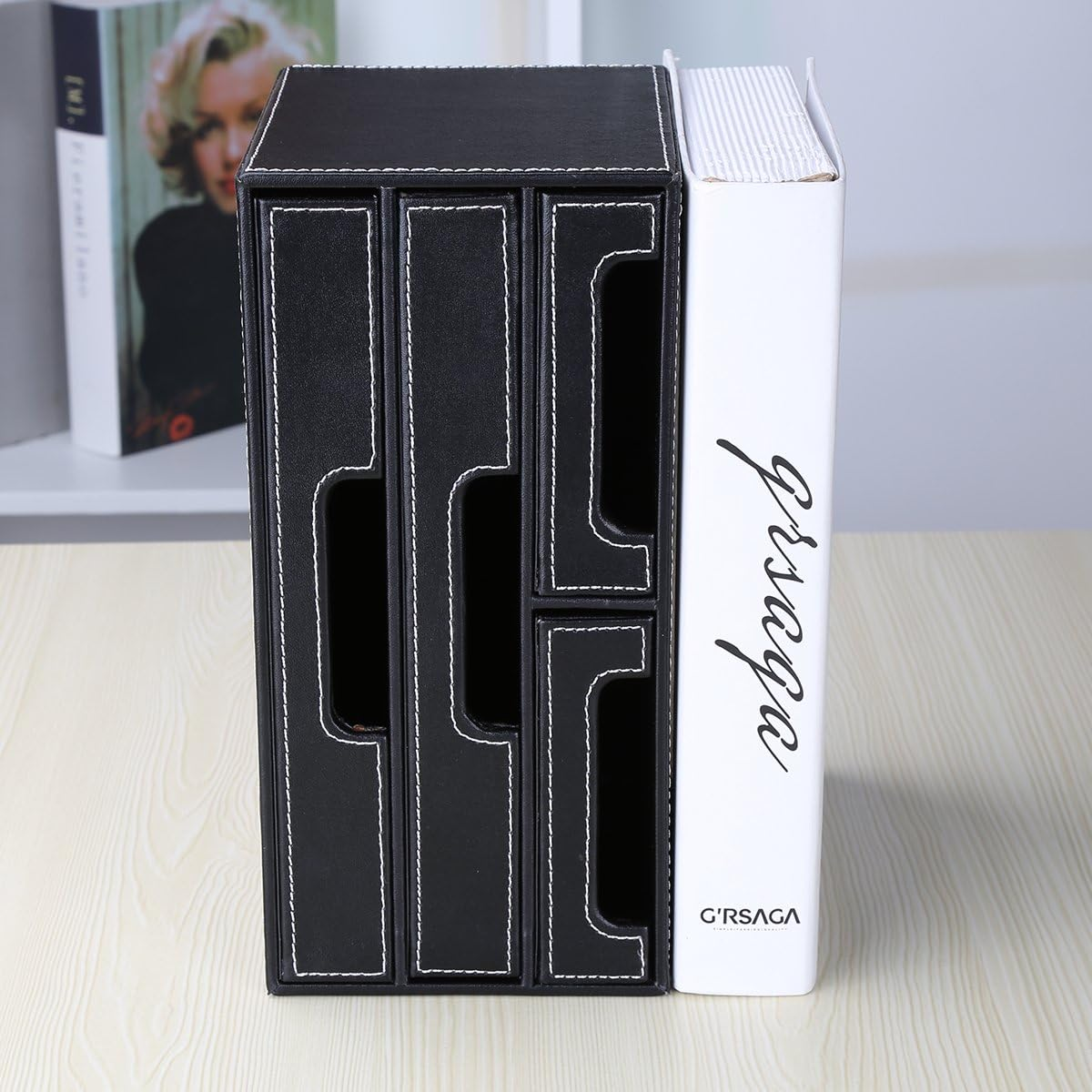 KINGFOM Pu Leather Desktop Organizer for Office Supplies, Desk Accessories, 4 Small Drawer Stationery Storage Box Bills Collection Holder (Small Desk Drawer)
