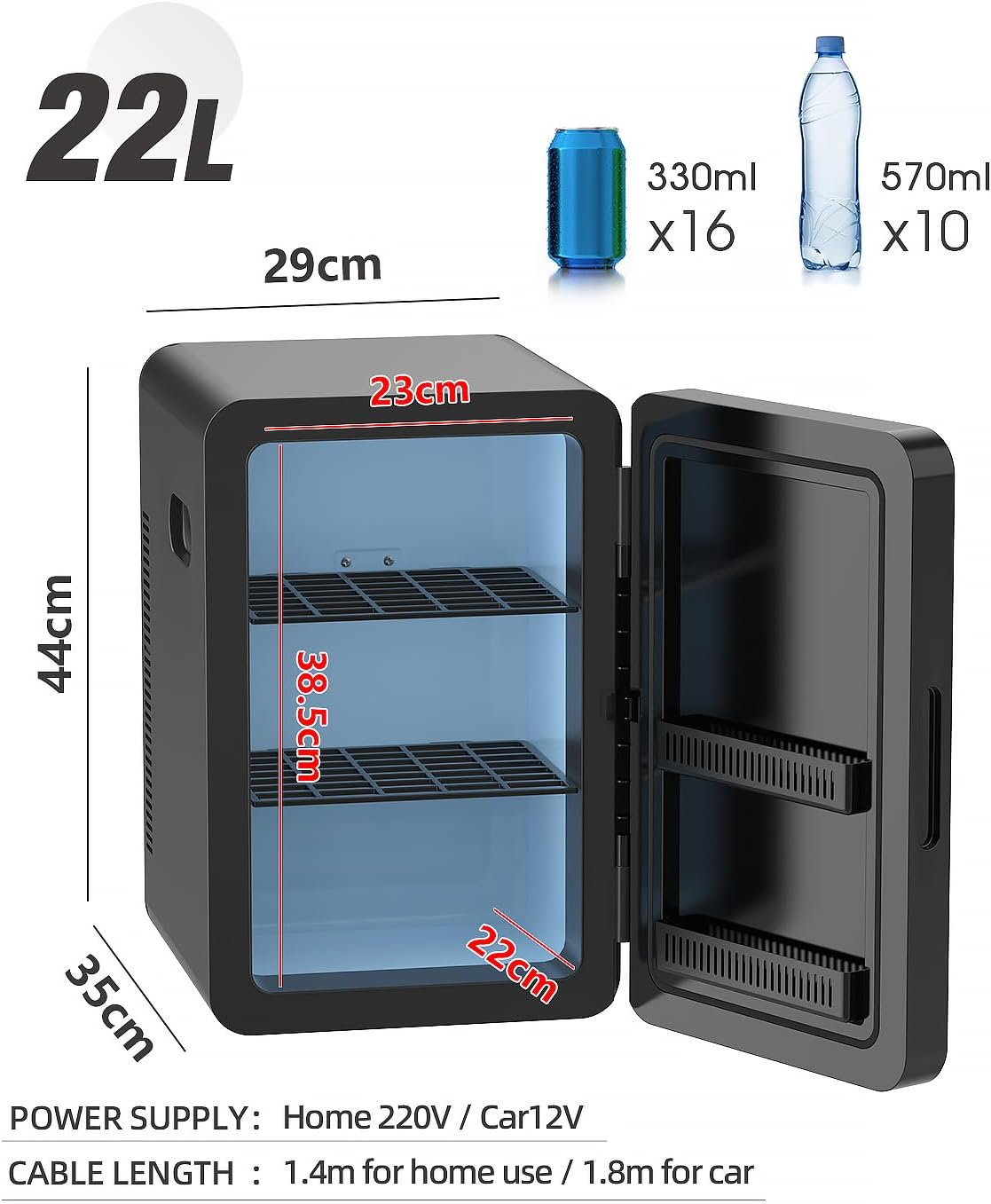 YOPOWER Mini Portable Compact Personal Fridge Cooler, 22 Liter Capacity, Includes Plugs for Home Outlet & 12V Car Charger, Black