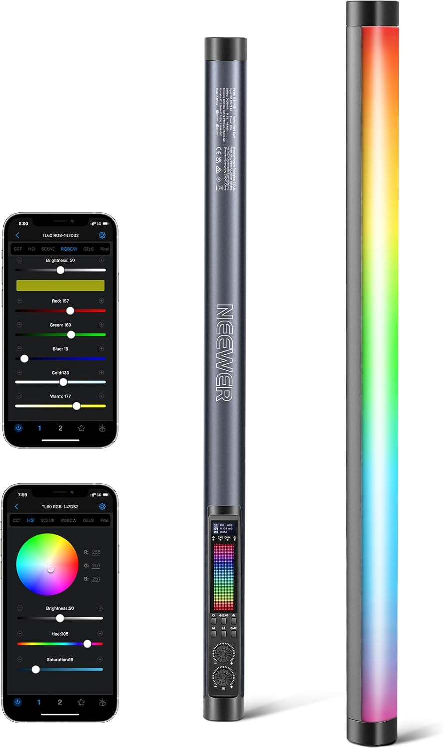 NEEWER TL60 RGB Tube Light, Full Color RGBWW Light Stick Supports APP/2.4G/DMX Control with 7 Pixel Effects 18 Scenes Color Gel/Picker Mode, 2500K-10000K 0-100% Dimming CRI97+ TLCI98+, 3000Mah Battery image number 3