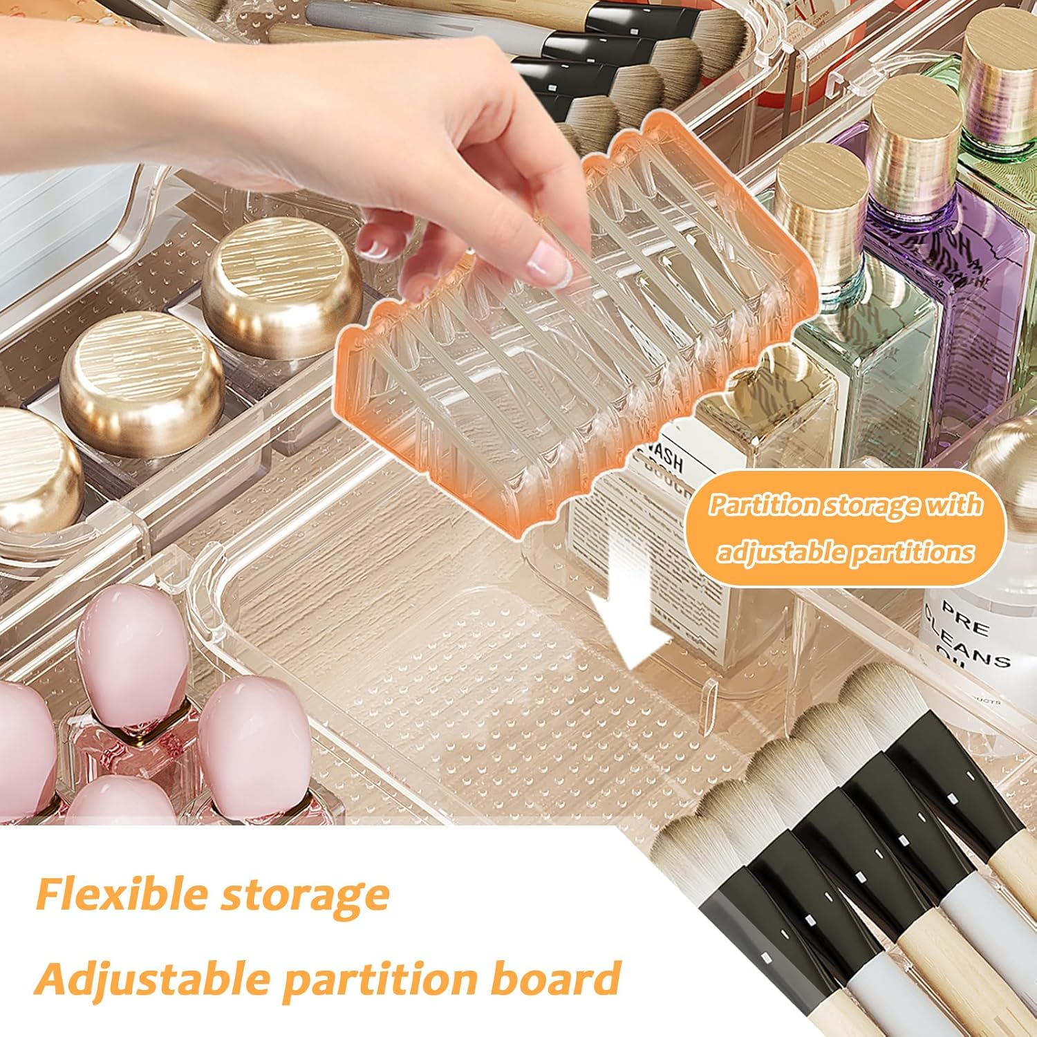 Ruaizel Cutlery Drawer Organiser, Expandable Utensil Tray with Adjustable Dividers, Adjustable Silverware and Flatware Holder for Kitchen Spoons Forks Knives, 28-48.5Cm (Transparent) image number 5