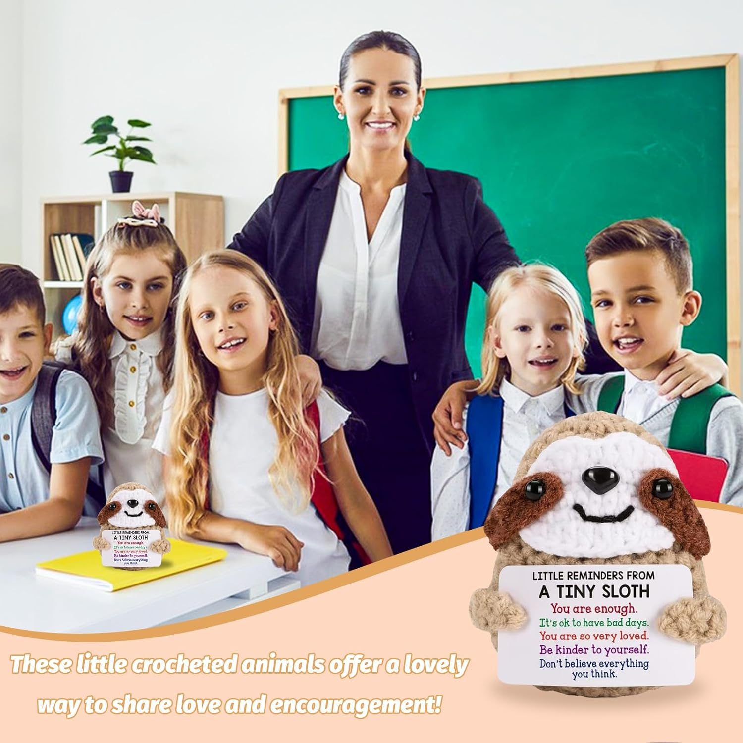 Positive Crochet Sloth - Handmade Emotional Support Gifts for Anxiety Relief, Mental Health, Cute Desk Companion for Women, Birthday, Christmas image number 6