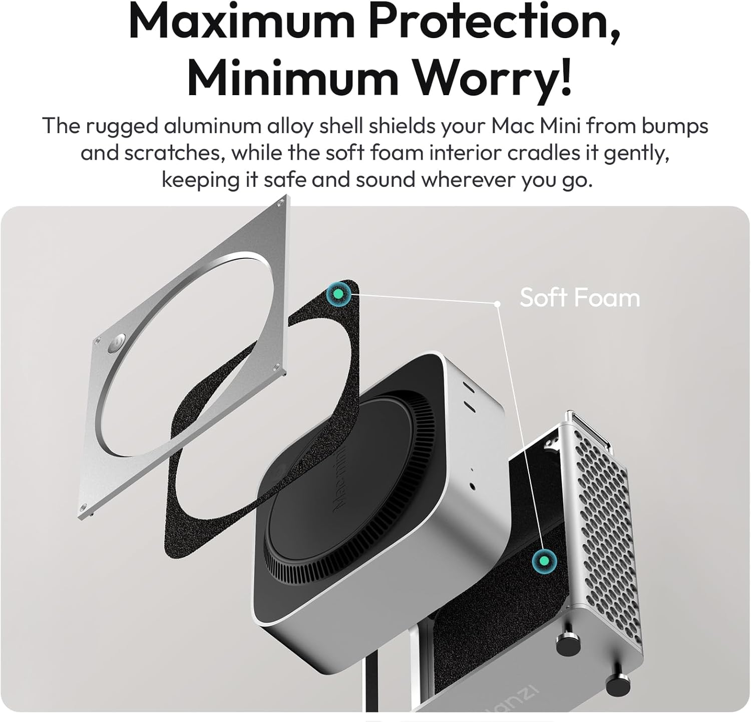 ULANZI QT01 Aluminum Case for 2024 Mac Mini M4/M4 Pro, Small Form Factor Gaming PC Case, Mesh Panel Heat Dissipation Aluminum Mount Rack, Anti-Scratch Shockproof Portable Small Standing Cabinet image number 5