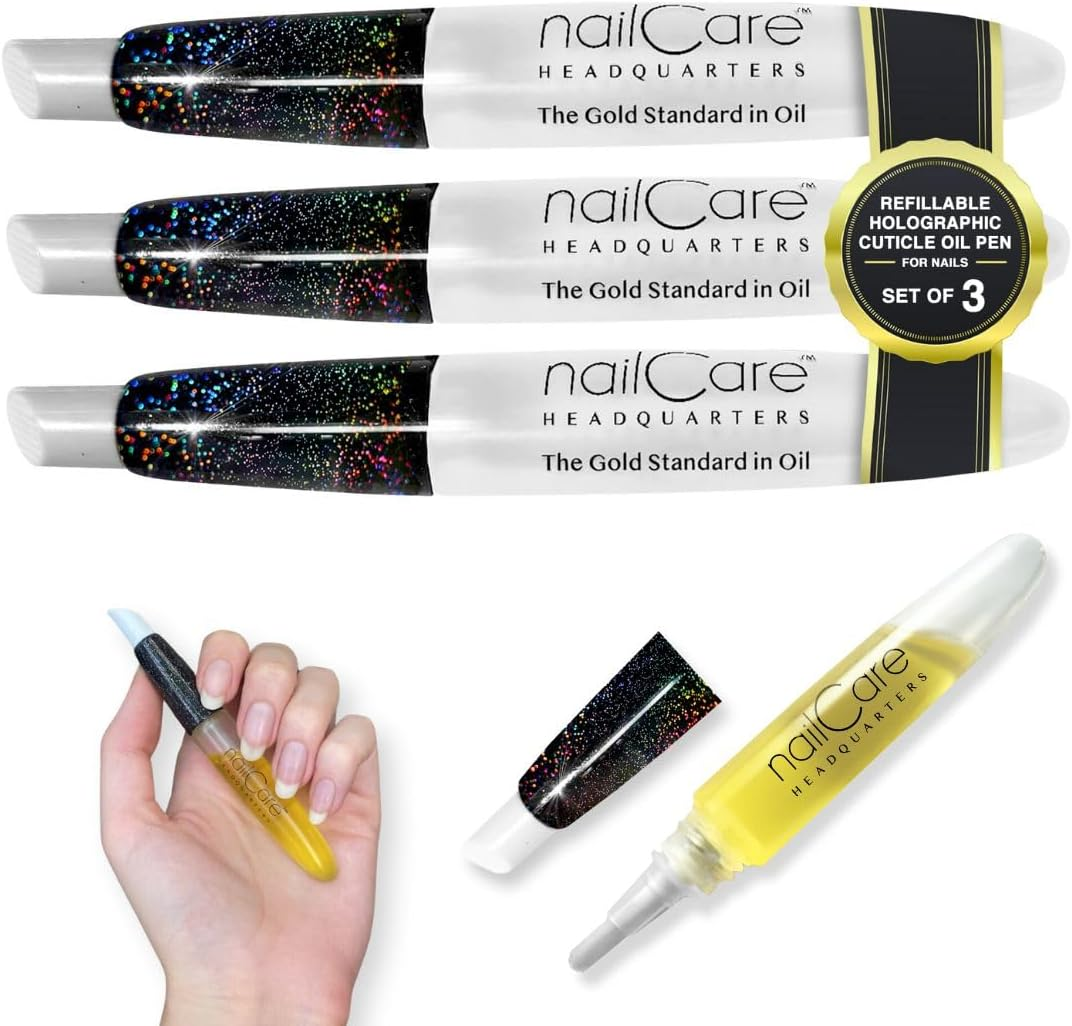 Nail Care Headquarters Refillable Holographic Cuticle Oil Pen for Nails - Empty Holo Squeeze Nail Oil Pen with Brush from by Bliss Kiss 3-Pack image number 4