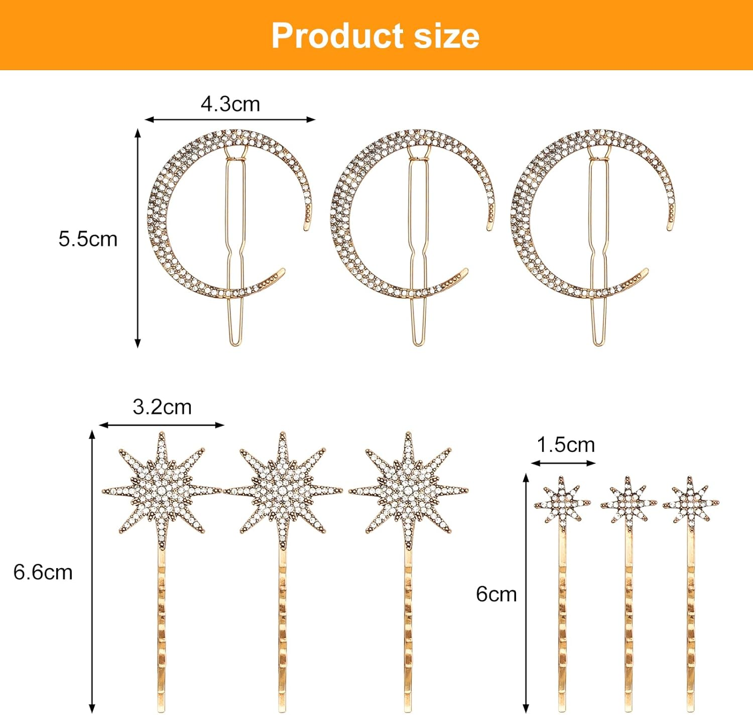 APOMOONS Pack of 6 Star Metal Hair Clips Girls, Star Moon Metal Hair Clips with Rhinestones, Hair Pins for Bride and Wedding, Hair Accessories for Women and Girls (Gold) image number 3