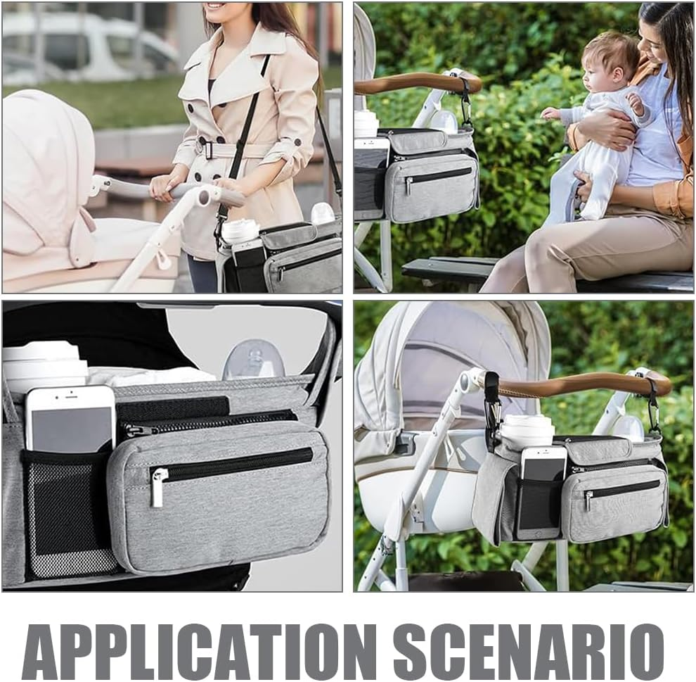 TOMVAES Stroller Organizer with Insulated Cup Holder Detachable Phone Bag, Shoulder Strap and Non-Slip Secure Hooks Stroller Bag Caddy Organizer Accessories Fits for Most Strollers (Grey)