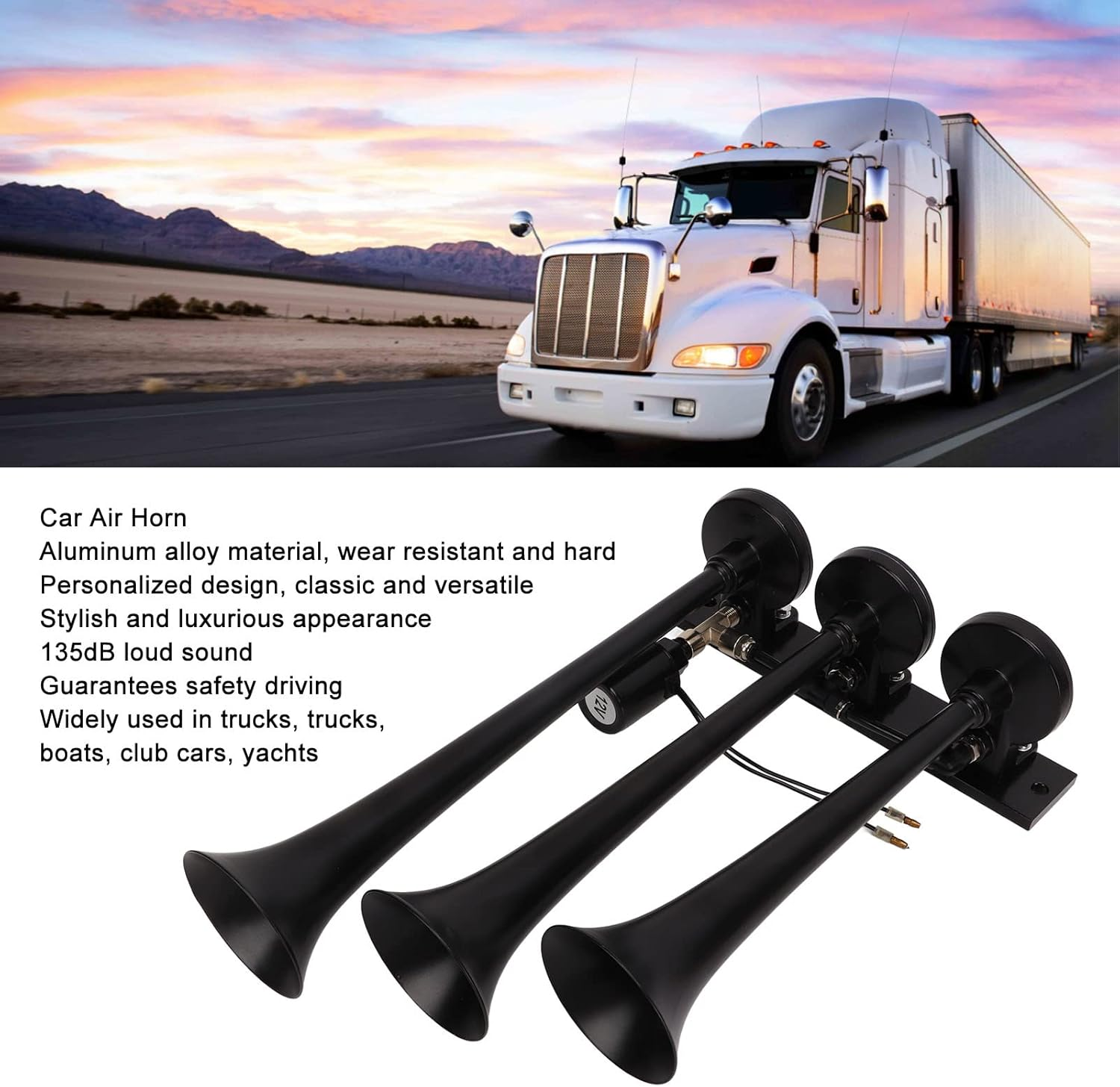 Car Air Horn, 135Db 3 Hole Air Horn DC 12V Loud Sound Trumpet Air Horn for Trucks Vans Boats Yachts Mine Car image number 1