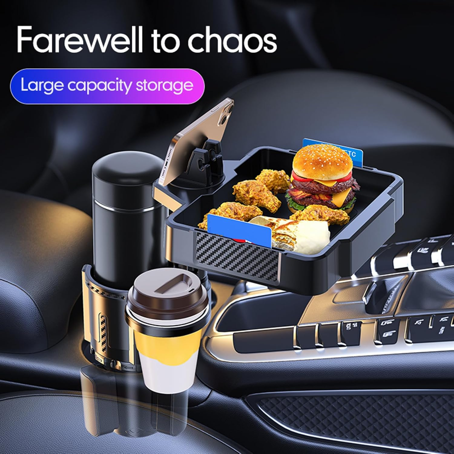 Eacam Car Cup Holder Expander - 4 in 1 Automotive Cup Attachable Tray with 360&deg; Rotation, Detachable Tray Table with Phone Holder, Dual Cup Holder image number 5