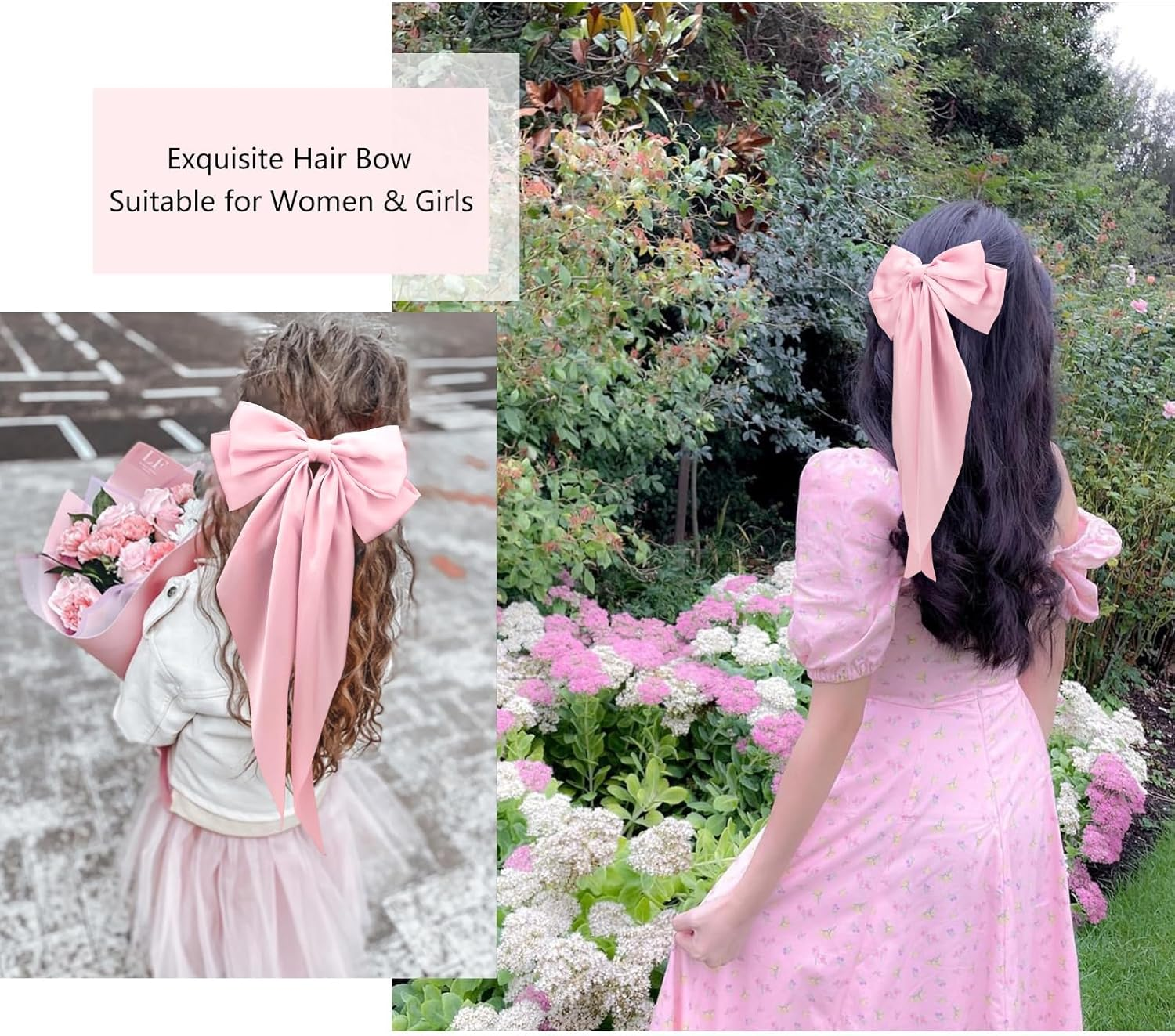 Kinretixia&reg; 2 Pieces Hair Bow Clips for Women Large Satin Hair Bows Long Tail Alligator Clips Big Hair Bow Girls Hair Pink/White image number 3