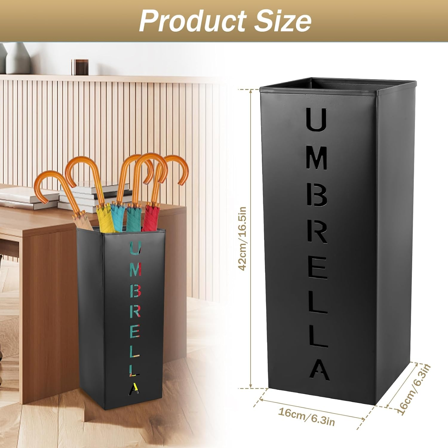 Metal Umbrella Stand, 16.5X6.3X6.3Inch Square Free Standing Umbrella Rack Decorative Umbrella Holder Bin Multipurpose Walking Sticks Holder for Umbrella Cane Entryway Home Office(Black) image number 2