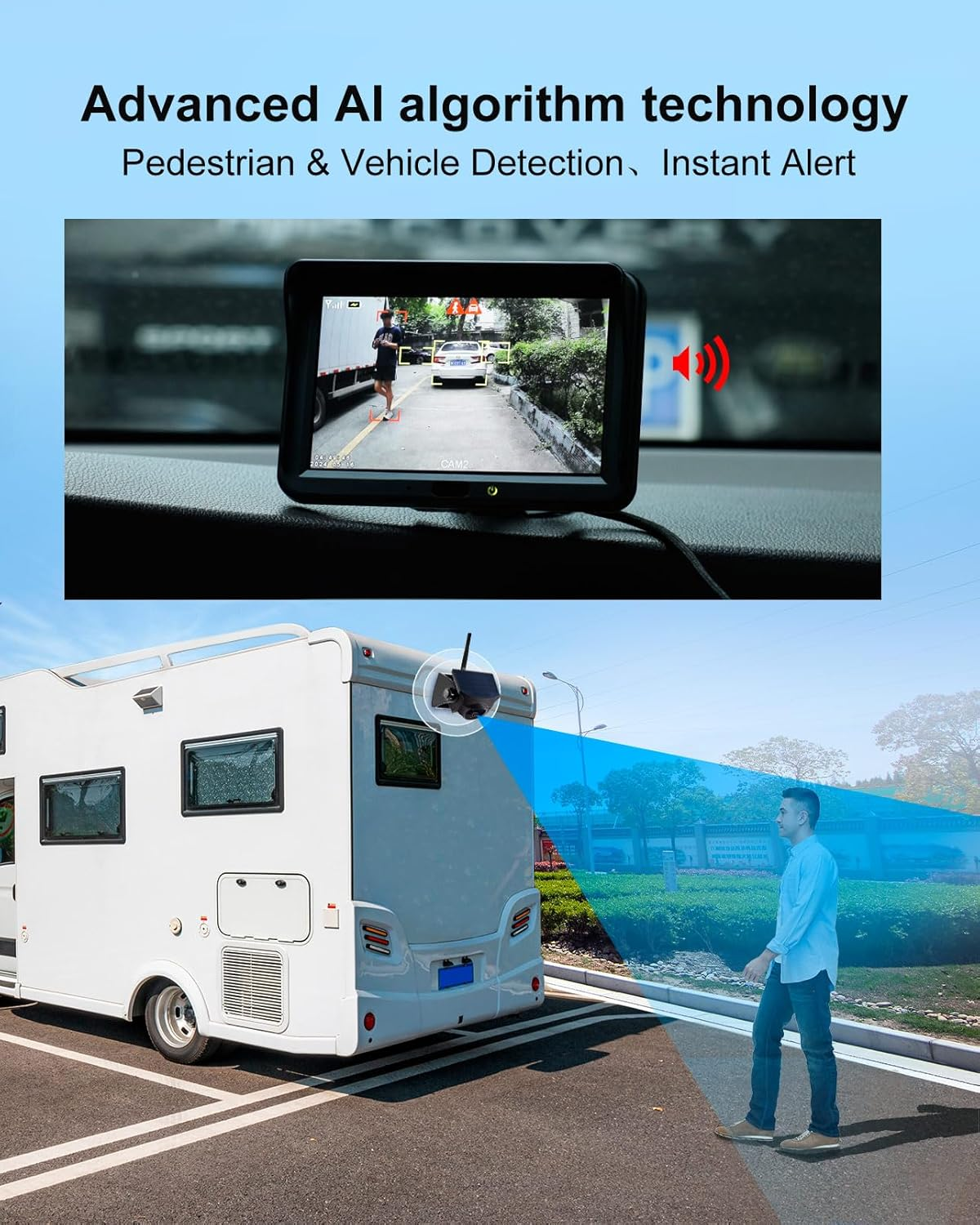 AI Magnetic Solar Wireless Reversing Camera: Pedestrian & Vehicle Detection, 1-Min Install, No Wiring/Drilling, Gesture Control, Night Vision, 5" 1080P Monitor for RV, Trailer, Truck, Motorhome image number 4