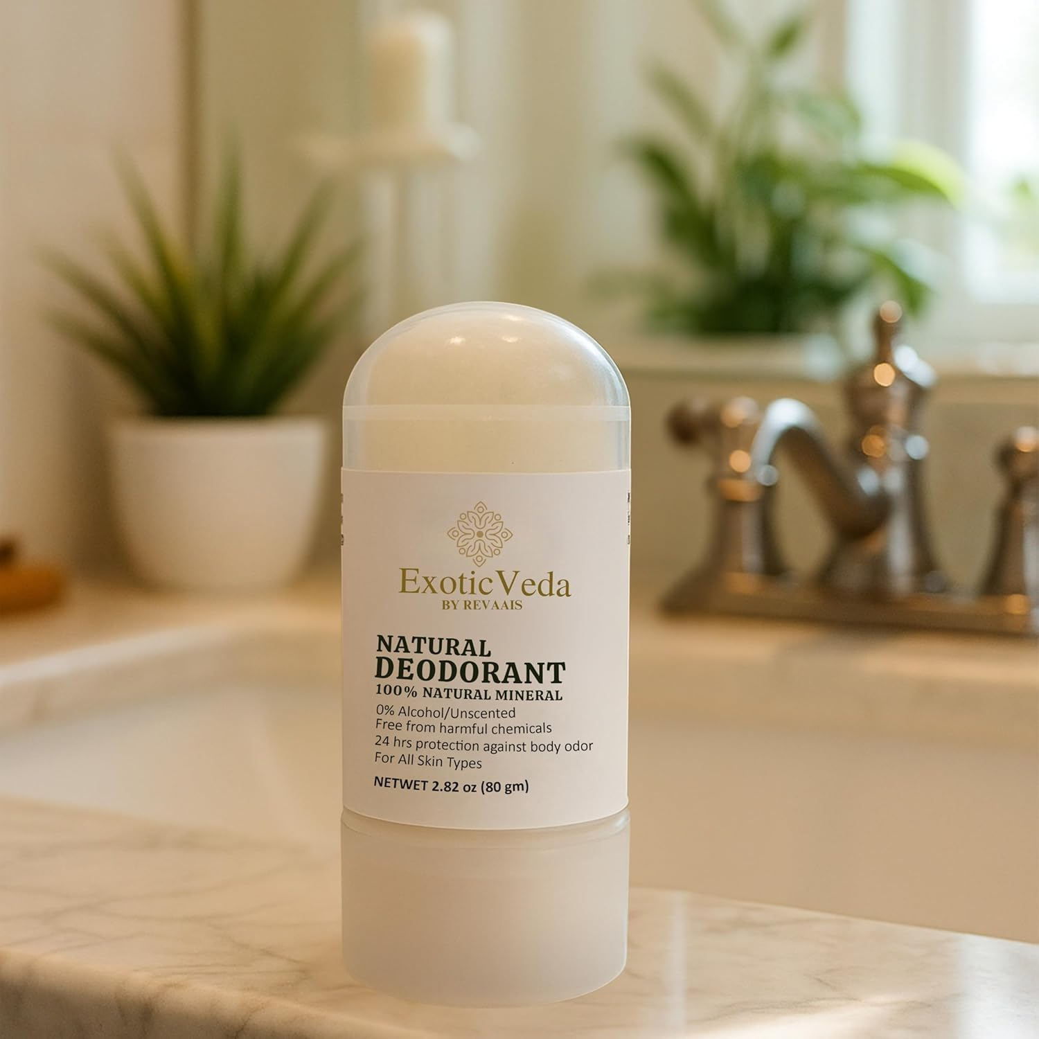 100% Natural Alum Roll on Deodorant, Unscented, Alcohol-Free, Chemical-Free, 24-Hour Odor Protection, for All Skin Types, 2.82 Oz (80G) (Natural)