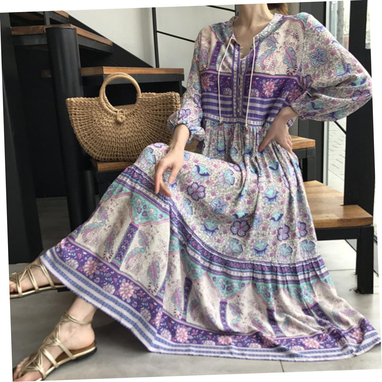 Bohemia Style Maxi Dress for Women Long Sleeve Lapel Elegant Party Wear Dress Casual Daily Workwear Blue image number 6