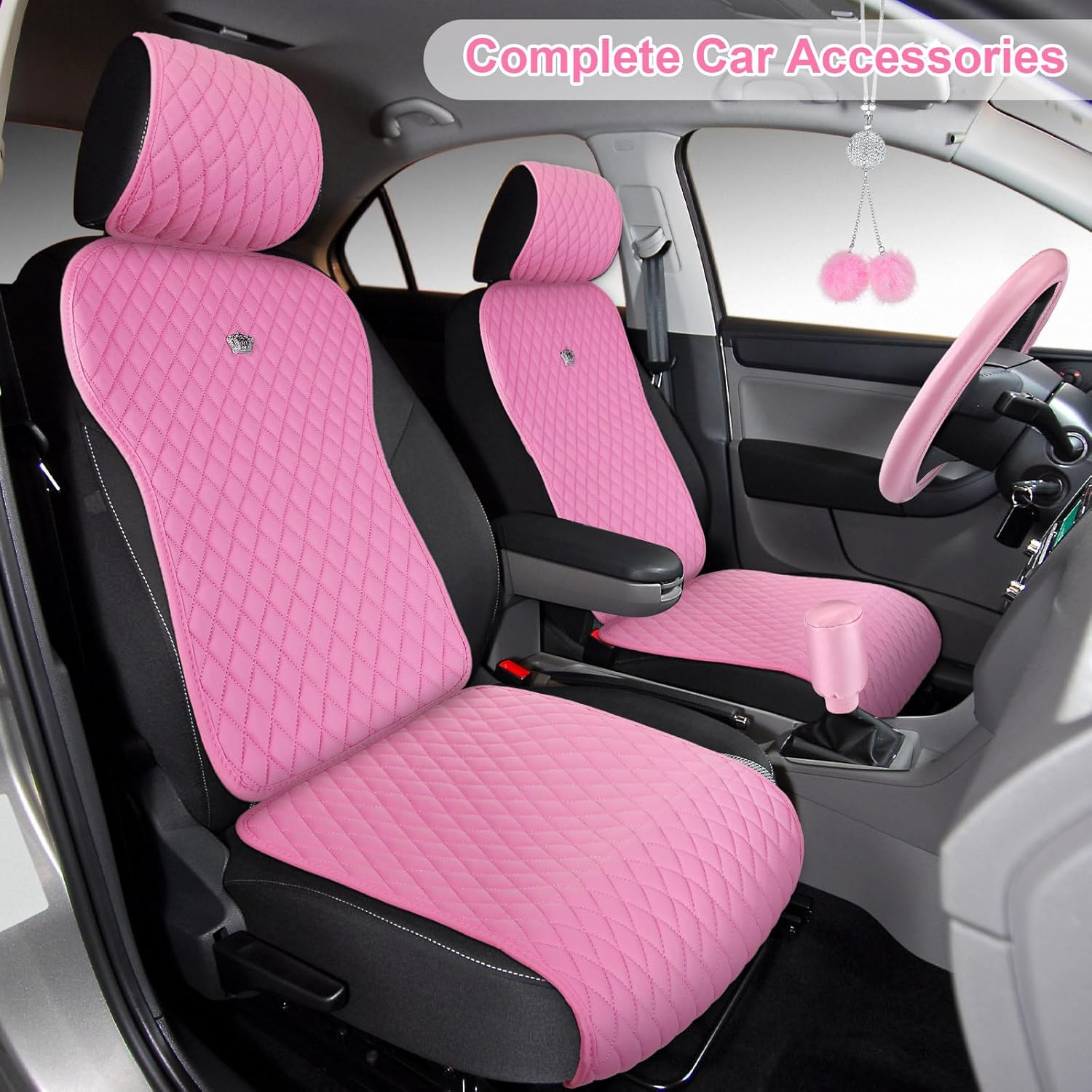 Nuenen 15 Pcs Pink Car Accessories Set Leather Car Seat Covers Full Set Car Accessories Steering Wheel Covers Seat Belt Covers Center Console Pad Bling Rear View Mirror Hanging Accessory(Pink) image number 5