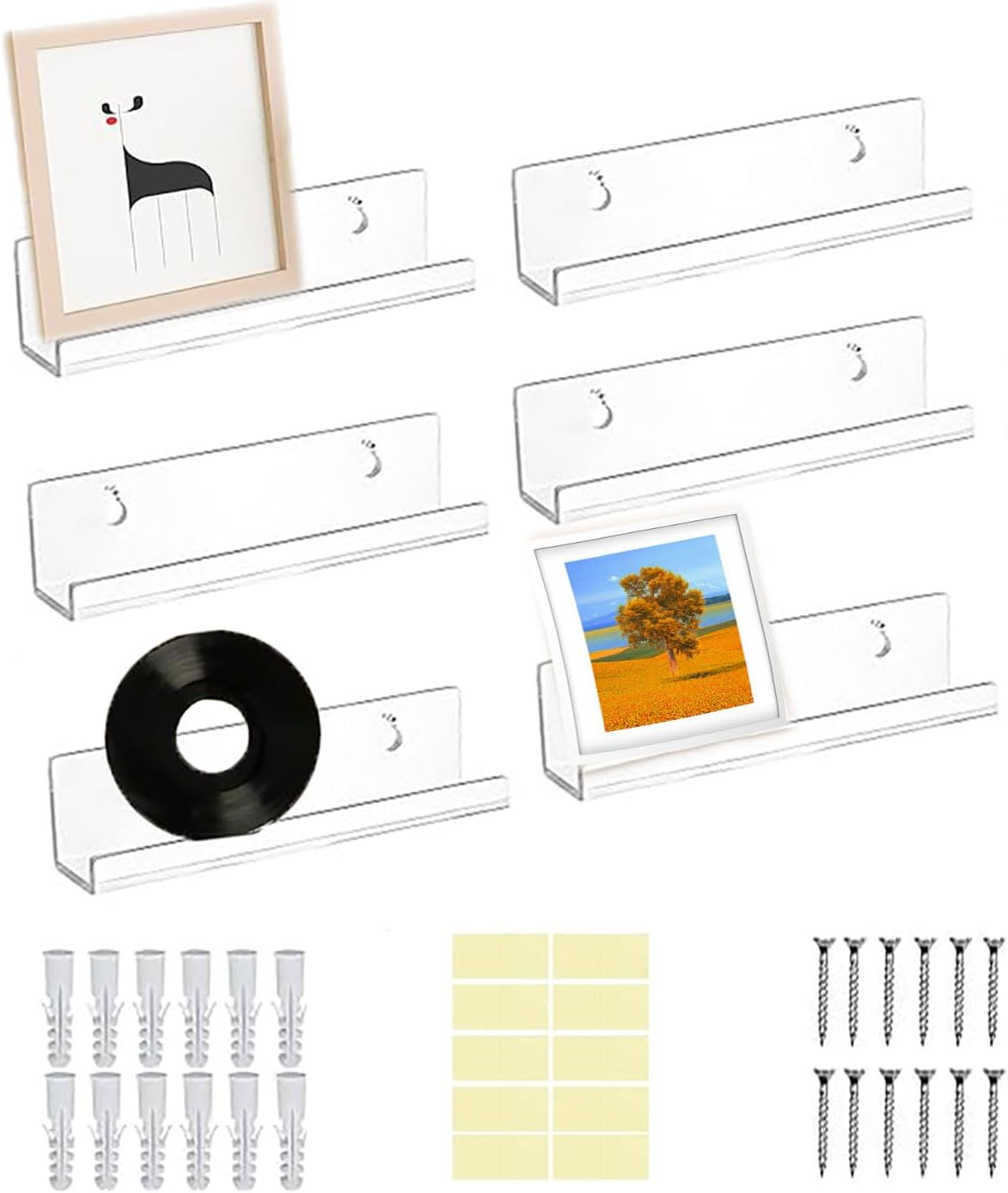 6 Pcs Vinyl Record Shelf Wall Mount, 4"/10CM Clear Acrylic CD Rack, Album Record Holder Display, Magazine Invisible Floating Shelves, Book Storage Hanger for Bathroom, Bedroom, Living Room, Kitchen image number 3