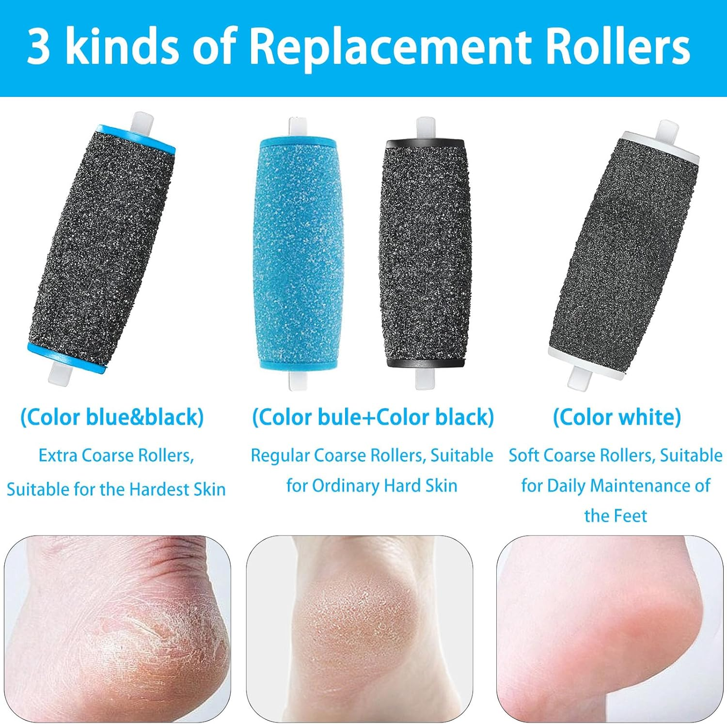 Replacement Rollers for Scholl Callus Remover, Pack of 10 Refills for Electric Foot File, Compatible with Scholl Velvet Smooth, 3 Types of Roughness, Rollers for Pedicure, Pedicure Foot Care Set