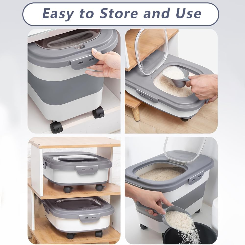 Dog Food Storage Container 15Kg, Airtight Pet Food Storage Containers with Wheels & Removable Sealed Lid, Collapsible Cat Food Containers image number 2