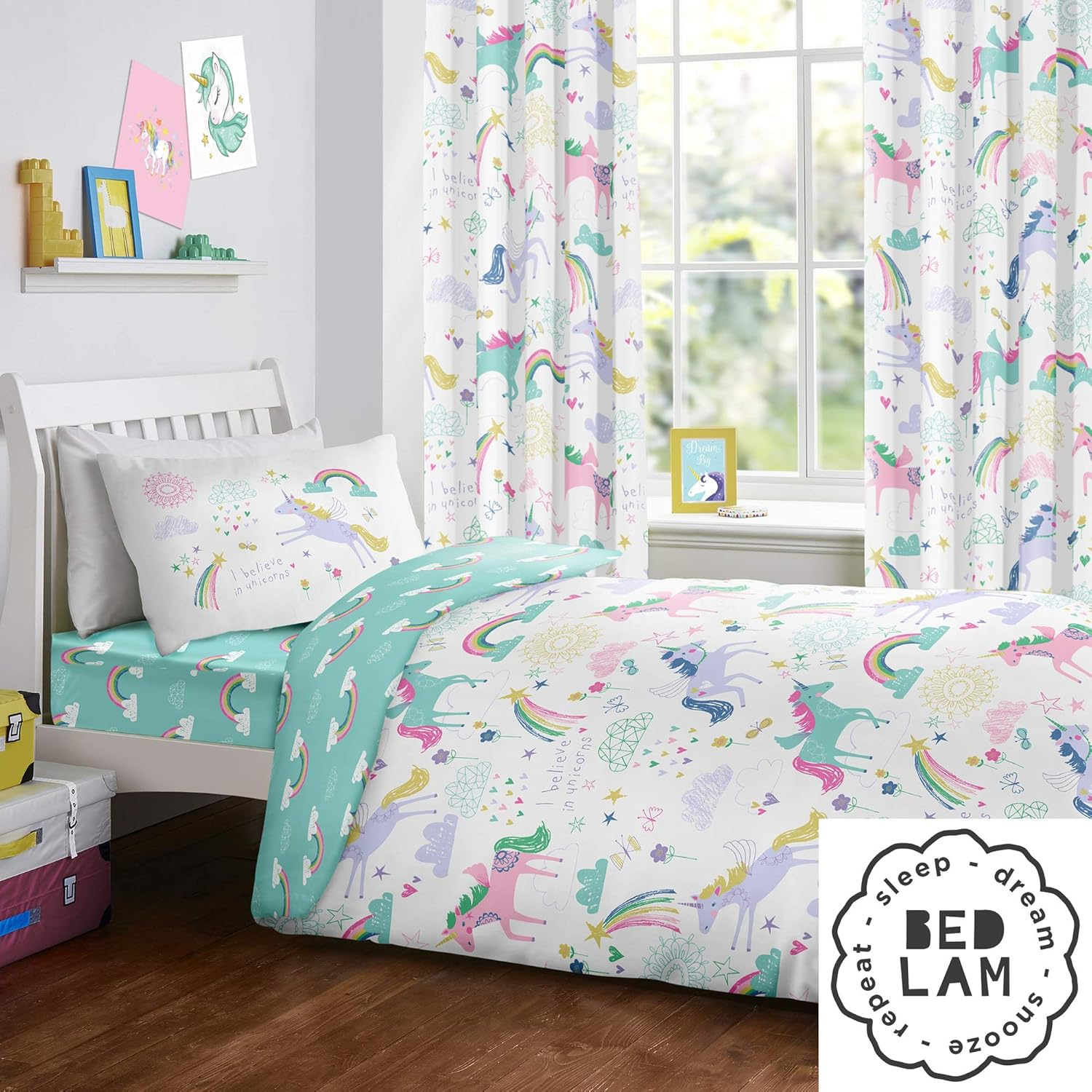 Bedlam - Unicorn Curtains - Two Panels 66 X 72 (168 X 183Cm) - Rainbow & Unicorns Curtains - Girls Bedding/Bedroom Accessories