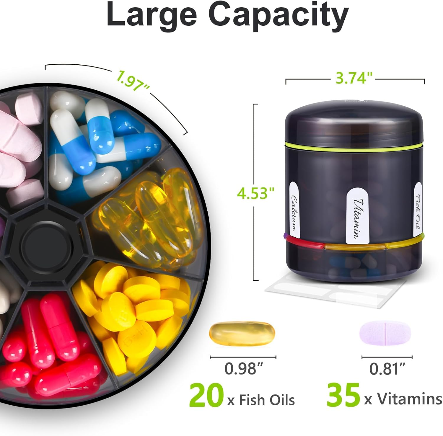 Fullicon Detachable Travel Pill Organiser, Moisture Proof 7 Day Extra Large Pill Box Organizer, Spill Proof Pill Case, Secure Medicine Organizer, Portable Pill Dispenser (Black) image number 3