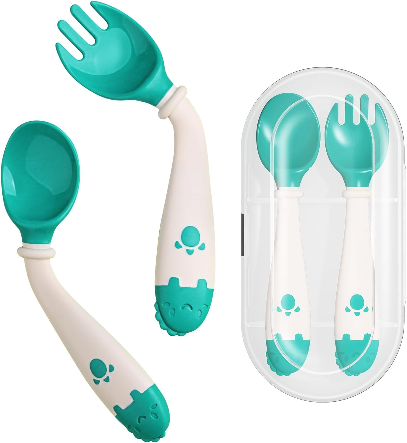 Deejoy Toddler Utensils with Travel Safe Case, Silicone Baby Spoons and Fork Set for Self Feeding, Toddlers Feeding Training Spoon, Easy Grip Heat-Resistant, Bendable Function (2 Sets, Green&Pink)