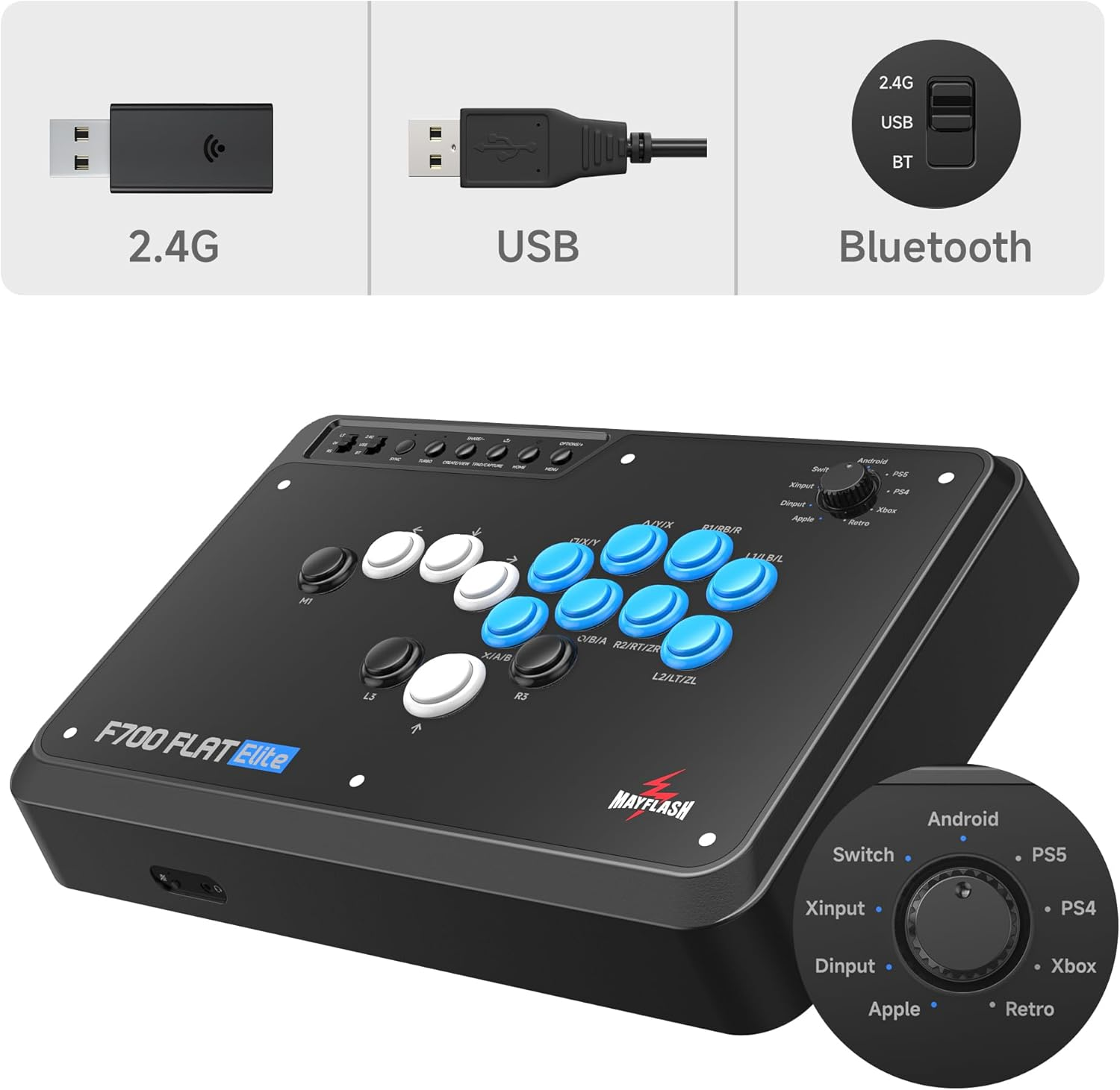 MAYFLASH F700 FLAT Elite Wireless Arcade Stick Leverless All Button Controller with Sanwa Buttons Compatible with PS5, PS4, PC, Xbox Series S/X, Switch and More Support Bluetooth, 2.4G and Wired image number 4