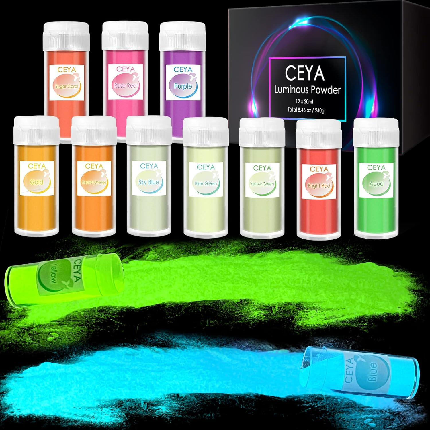 Ceya Fluorescent Yellow Glow Powder, 5.3Oz/150G Glow in the Dark Pigment, Luminous Resin Color for Epoxy Resin Slime, Nail Art, Party DIY Crafts