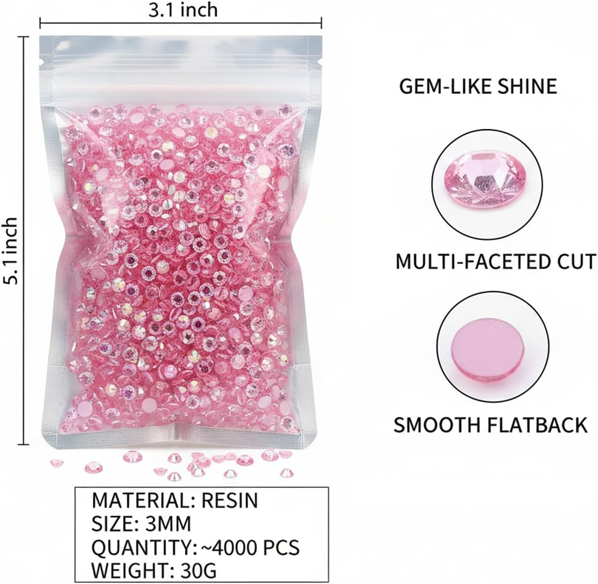4000Pcs Pink Jelly Resin Rhinestones 3Mm Flatback Sparkly Diamond Gems for Nails, Crafts, DIY Decoration, Bedazzling Art Supplies CRFY