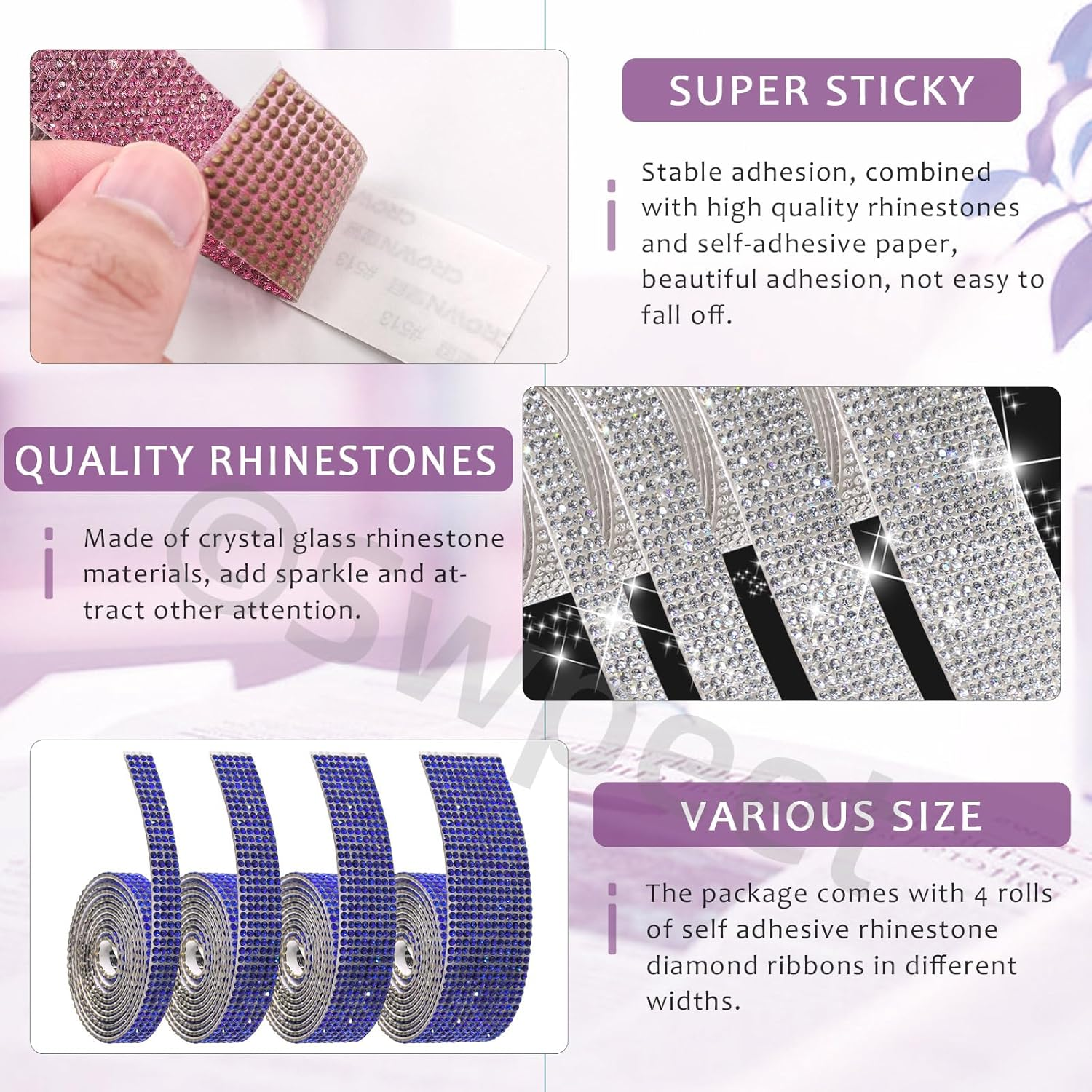 Swpeet 4 Rolls 4 Sizes Royal Blue Self Adhesive Rhinestone Ribbons Strips, Bling Crystal Rhinestone Diamond Ribbons Stickers, Rhinestone Tape Wrap, Diamond Rhinestone Roll for Crafts Phone Decoration