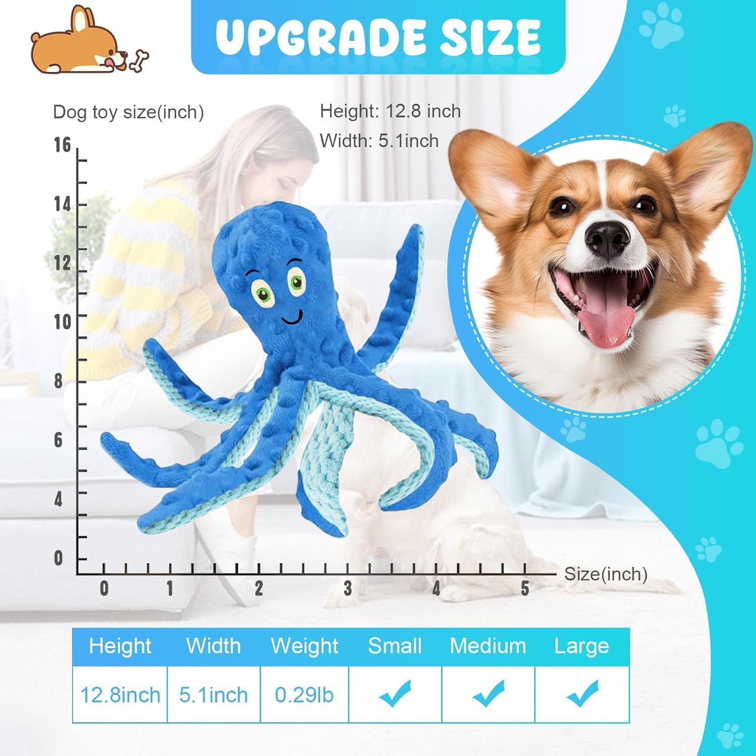 Dog Squeaky Toys, Octopus Interactive Play Toy，No Stuffing Plush Dog Chew Toy with Crinkle Paper for Medium and Large Dog Playing (New Blue) image number 2