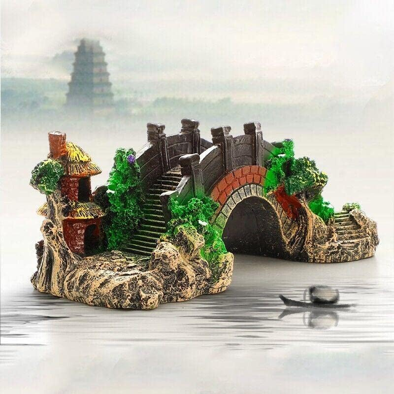 AIMALL Aquarium Fish Tank Ornament Resin Bridge Rock Pavilion Tree Landscape Decoration for Fish Tanks and Aquariums, 14.5X5.5X6Cm, 19X7X8.5Cm