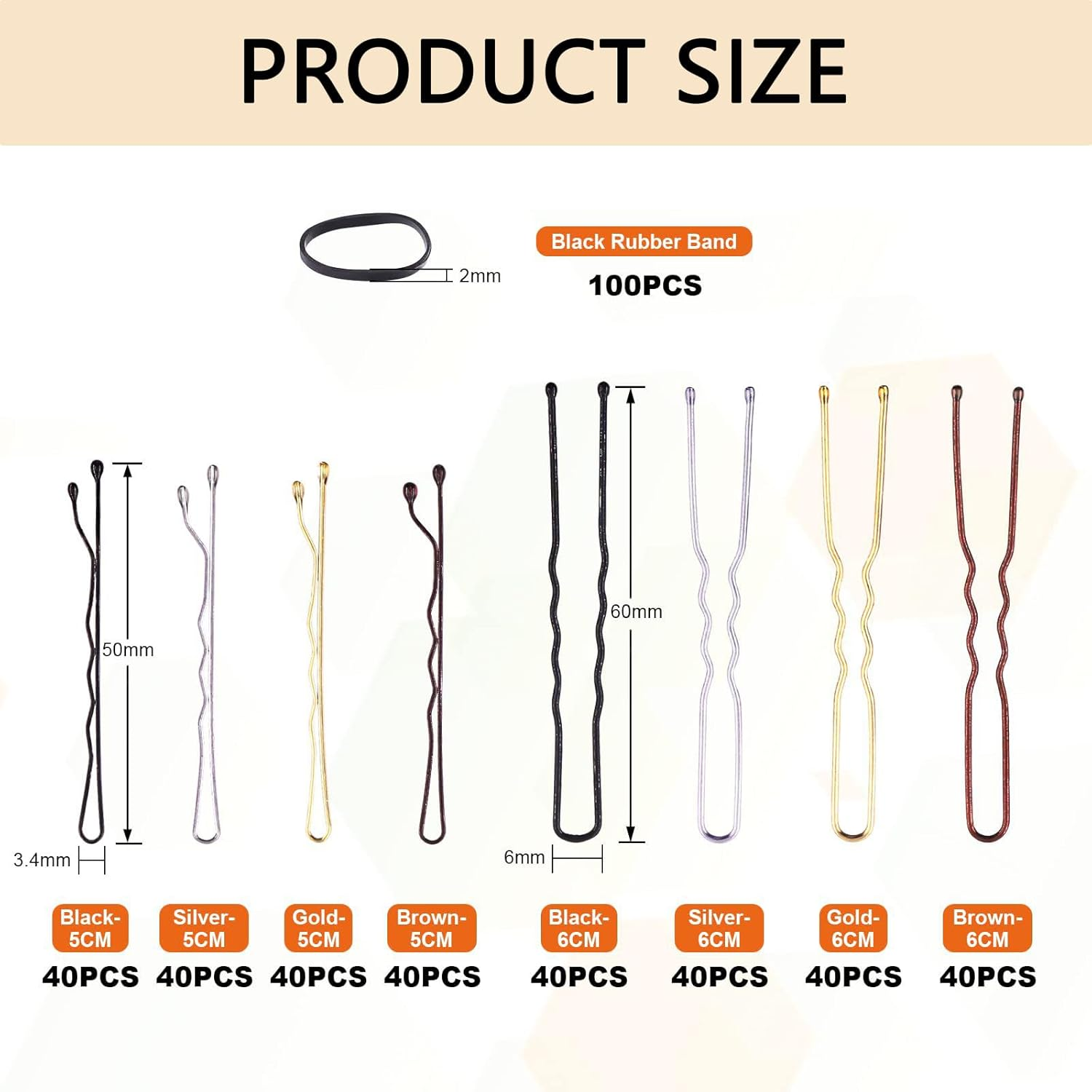 420 Piece Hair Pins Set, Metal Wavy Shape Hair Clips, Includes 160 Bobby Pins + 160 U-Hair Clips + 100 Rubber Bands, Hair Clips Set with Storage Box for Women Girls Hairdressing Salon image number 4