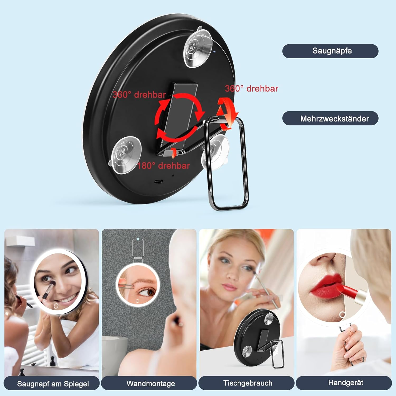 30X Magnifying Mirror with Light,6" Large Makeup Magnifying Mirror,3 Colors Dimmable Makeup Mirror with 360&deg; Table Stand,Portable, with 3 Suction Cups(Black) - Black image number 2