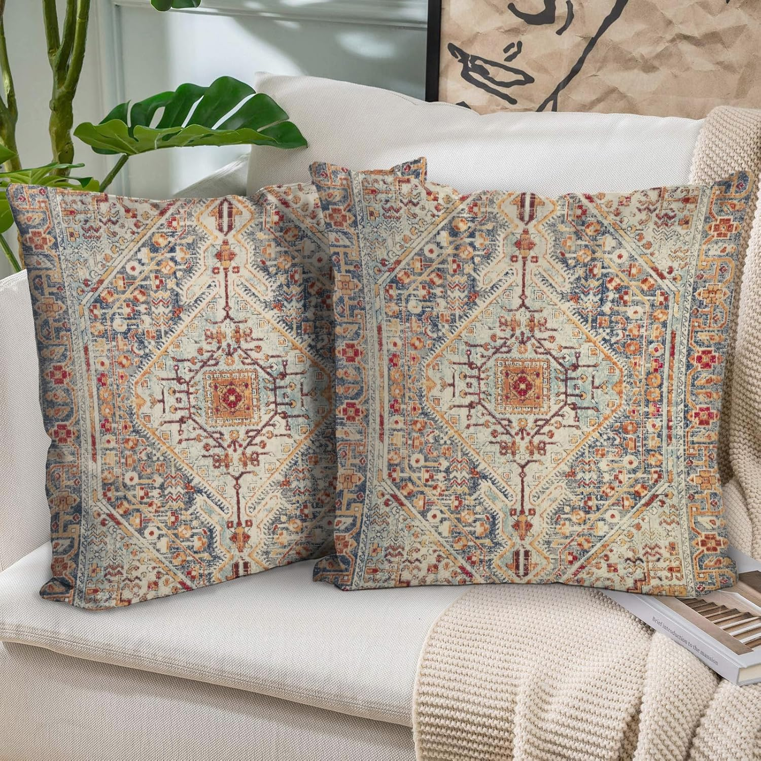 EDTOY Boho Throw Pillow Covers 16X16 Inch Set of 2,Boho Vintage Carpet Pattern Antique Ethnic Decor Double Sided Pattern Cushion Cover Soft Pillow Case Living Sofa Room Bed Square Pillow Cover