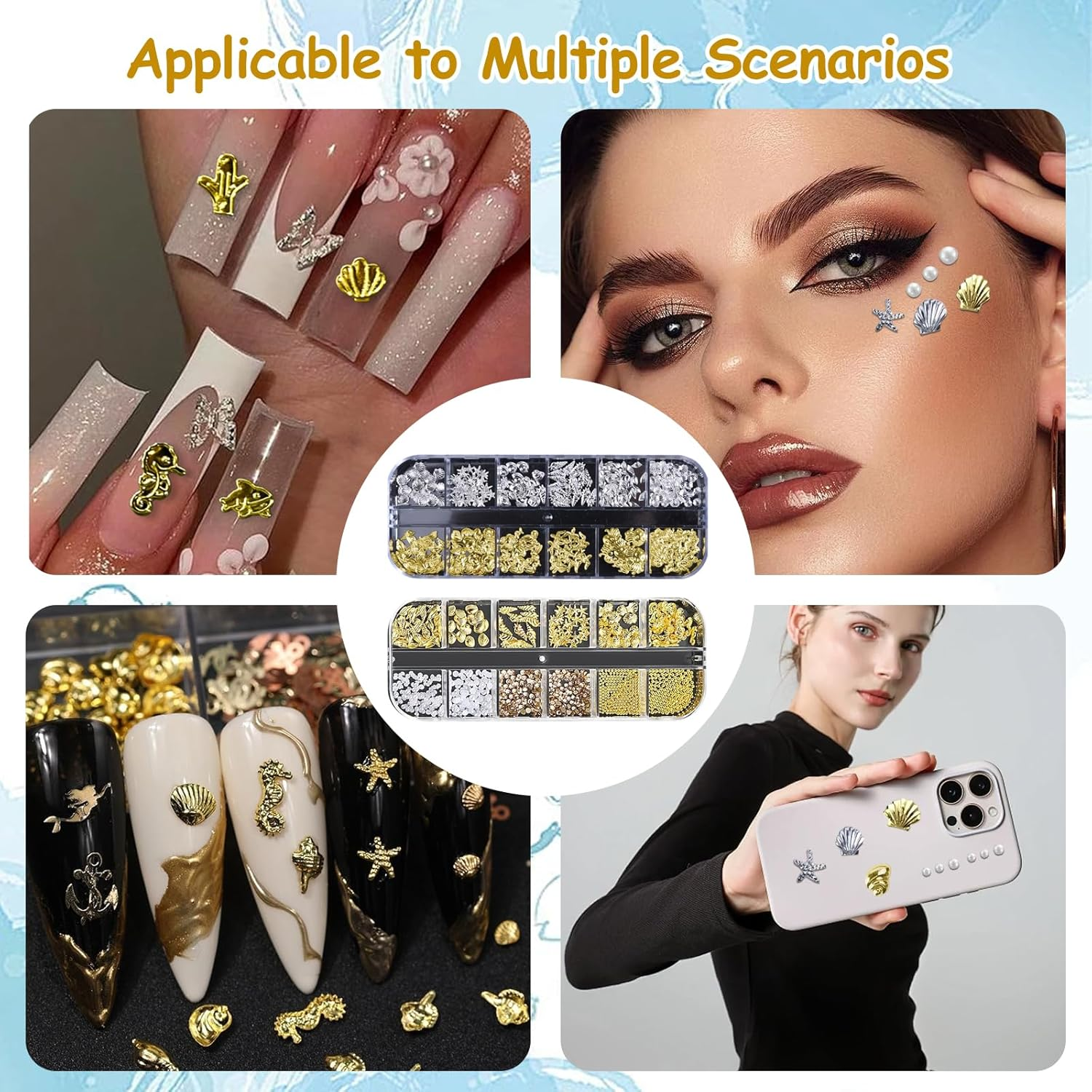 3D Nail Charms, 2 Boxes Gold Silver Nail Stuff Nail Gems Rhinestones Charms, 3D Ocean Nail Studs Starfish Shell Seahorse Metal Nail Charms for Women Girls Nail Art DIY Accessories image number 3