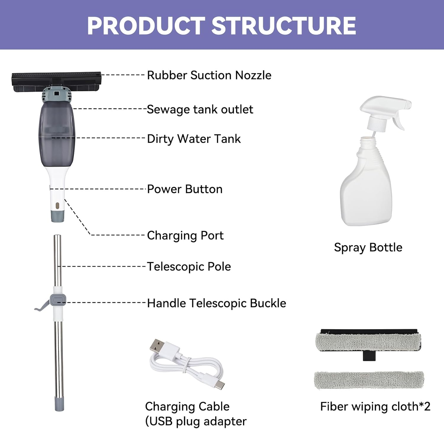 Cordless Window Vacuum Squeegee: Window Vac with Detachable Water Tank and Strong Suction, Electric Cleaning Tool for Shower Wall, Mirror, Glass, Car Windshield, Countertop, Tile image number 5