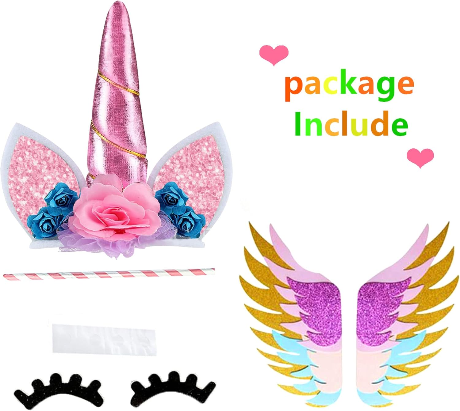Jevenis Unicorn Cake Decoration Unicorn Horn Eyelashes Wings Kit for Unicorn Cake Topper Rainbow Party Decoration image number 5
