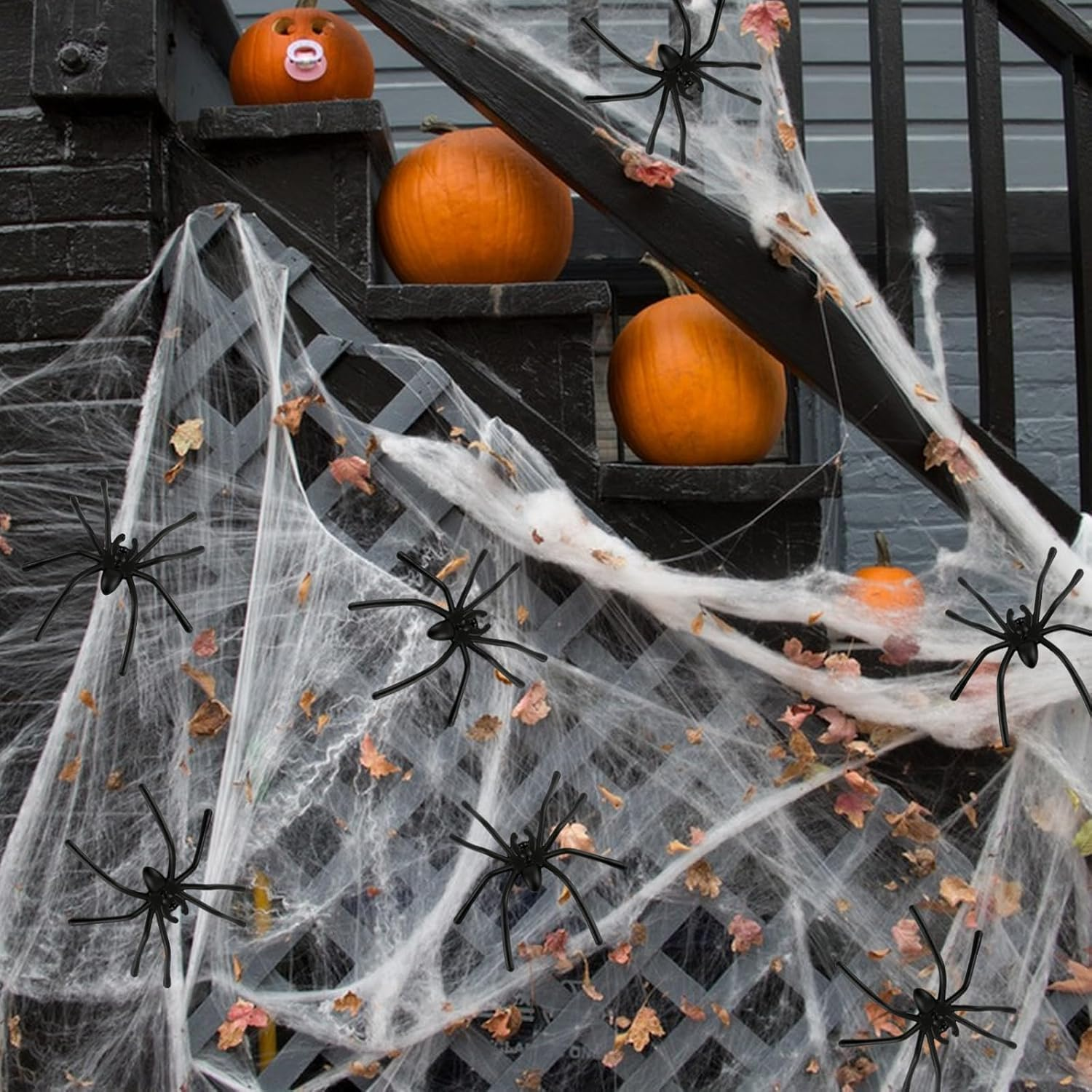 Large Halloween Spider Web Decorations - 50 Fake Spiders Included, Super Stretchy Cobwebs for Indoor & Outdoor Halloween Party Supplies image number 6