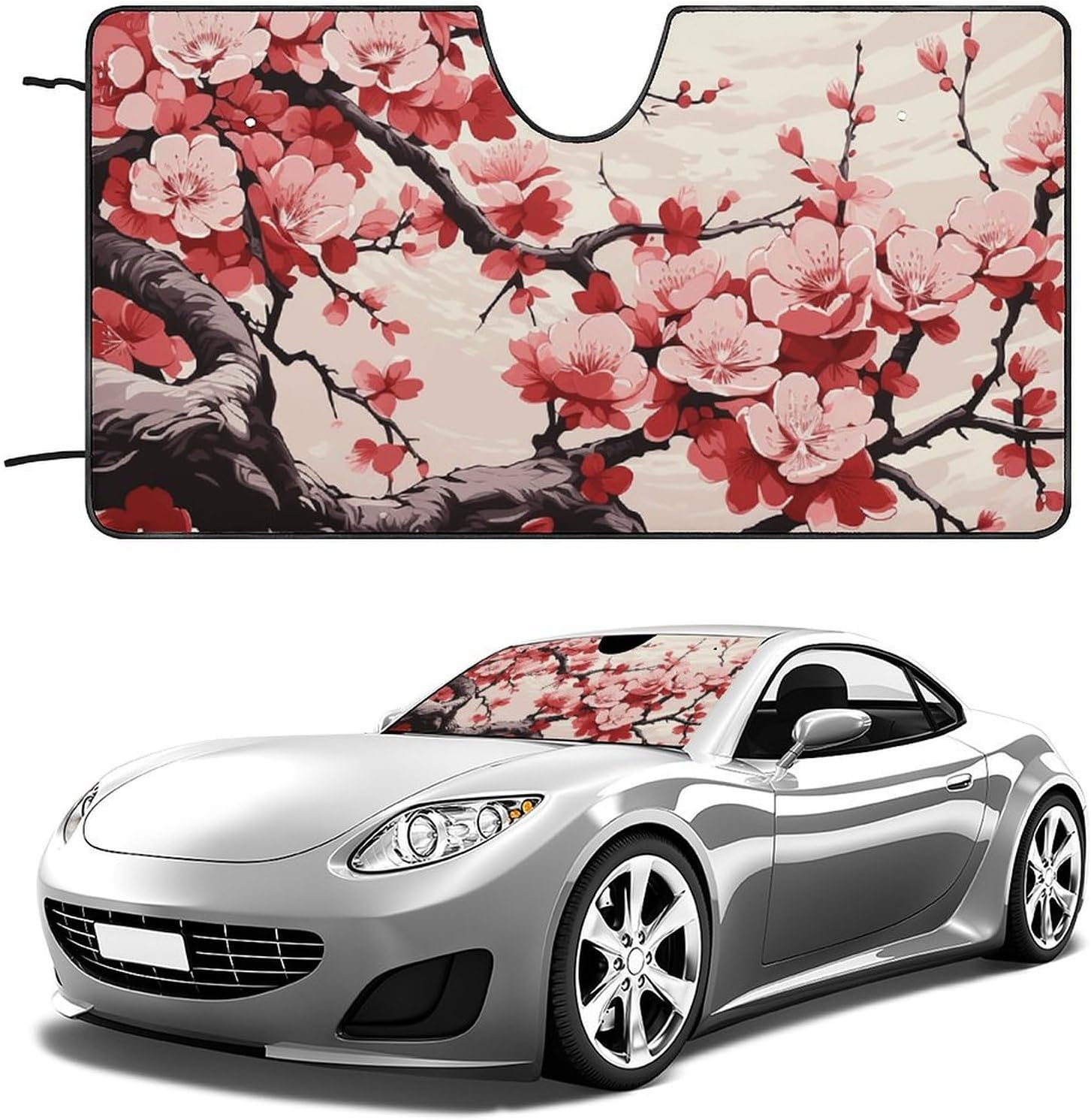 Car Windshield Sunshade, Japanese Floral Cherry Blossom Print Car Sun Guard Foldable Windshield Sunshade Car Sunshield for Sedans, Suvs, and Trucks