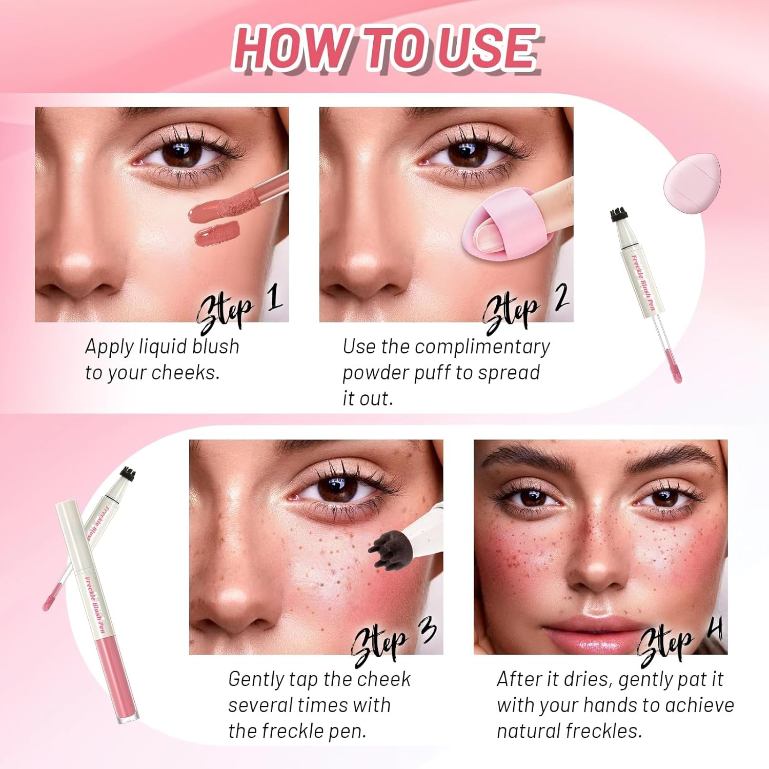 DAGEDA Blush Fake Freckle Pen,2 in 1 Faux Freckles Stamp & Liquid Blush,Natural Lifelike Make-Up Pen, Waterproof,Long-Lasting Matte Makeup,With Powder Puff(01 Light Pink) - Light Pink image number 2