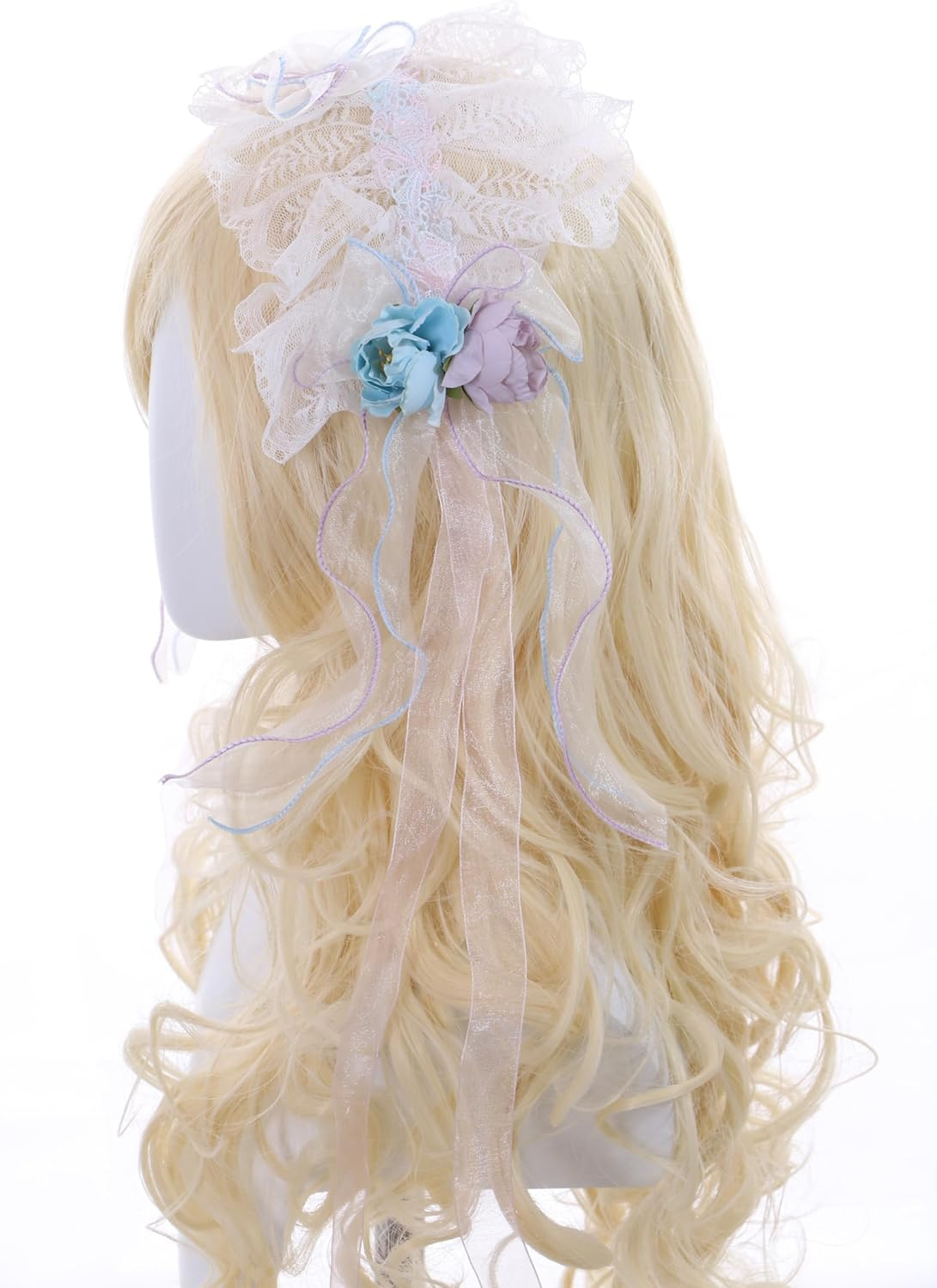 C-106 White Headband with Blue Purple Flowers Bow Lace Ruffle Gothic Lolita Maid Party Celebration Hair Accessories Head Accessory image number 2