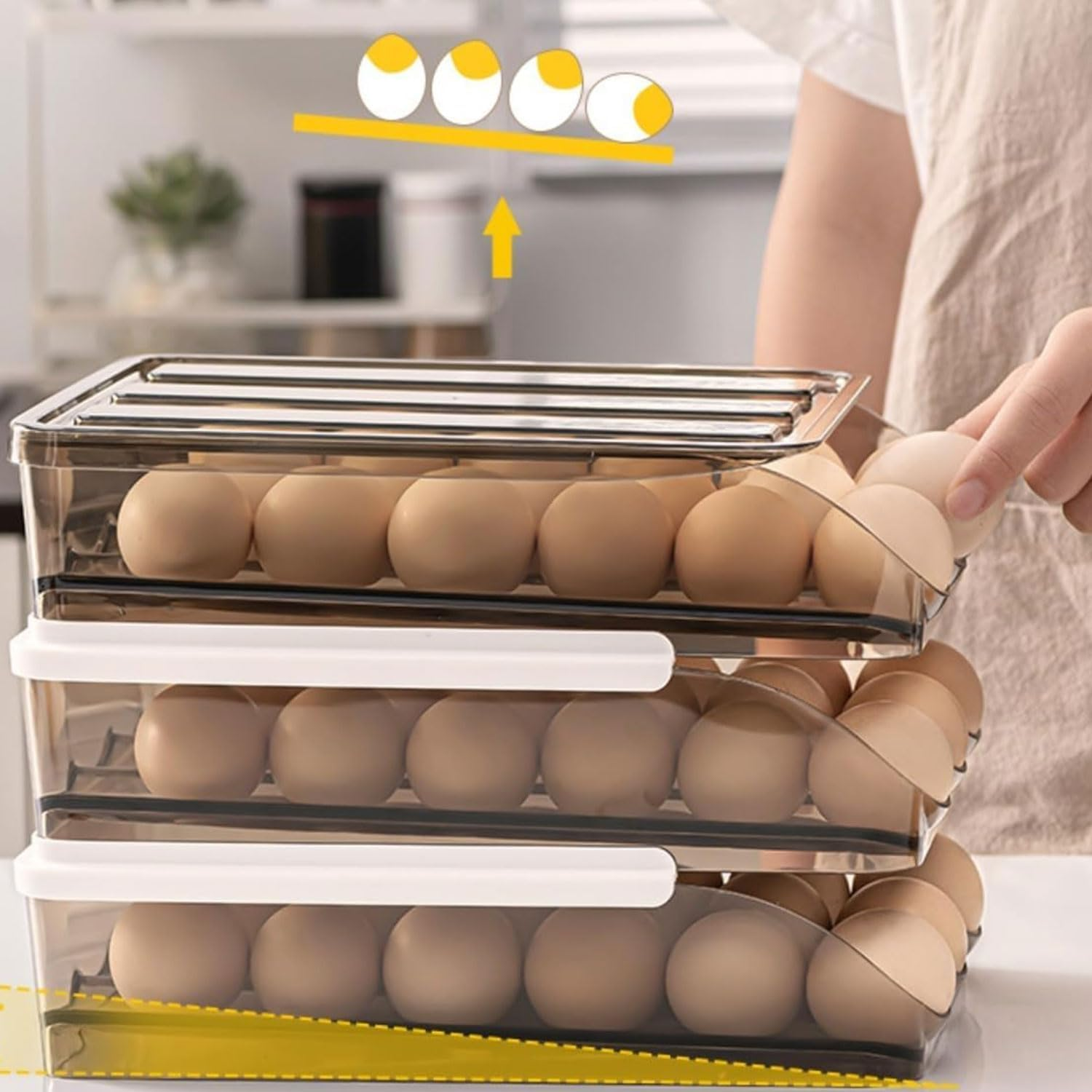YIRANJIA 3-Layer Auto-Rolling Egg Holder for Refrigerator - 54-Egg Large Capacity Dispenser Tray for Fridge Kitchen Storage & Organisation Egg Dispenser image number 4