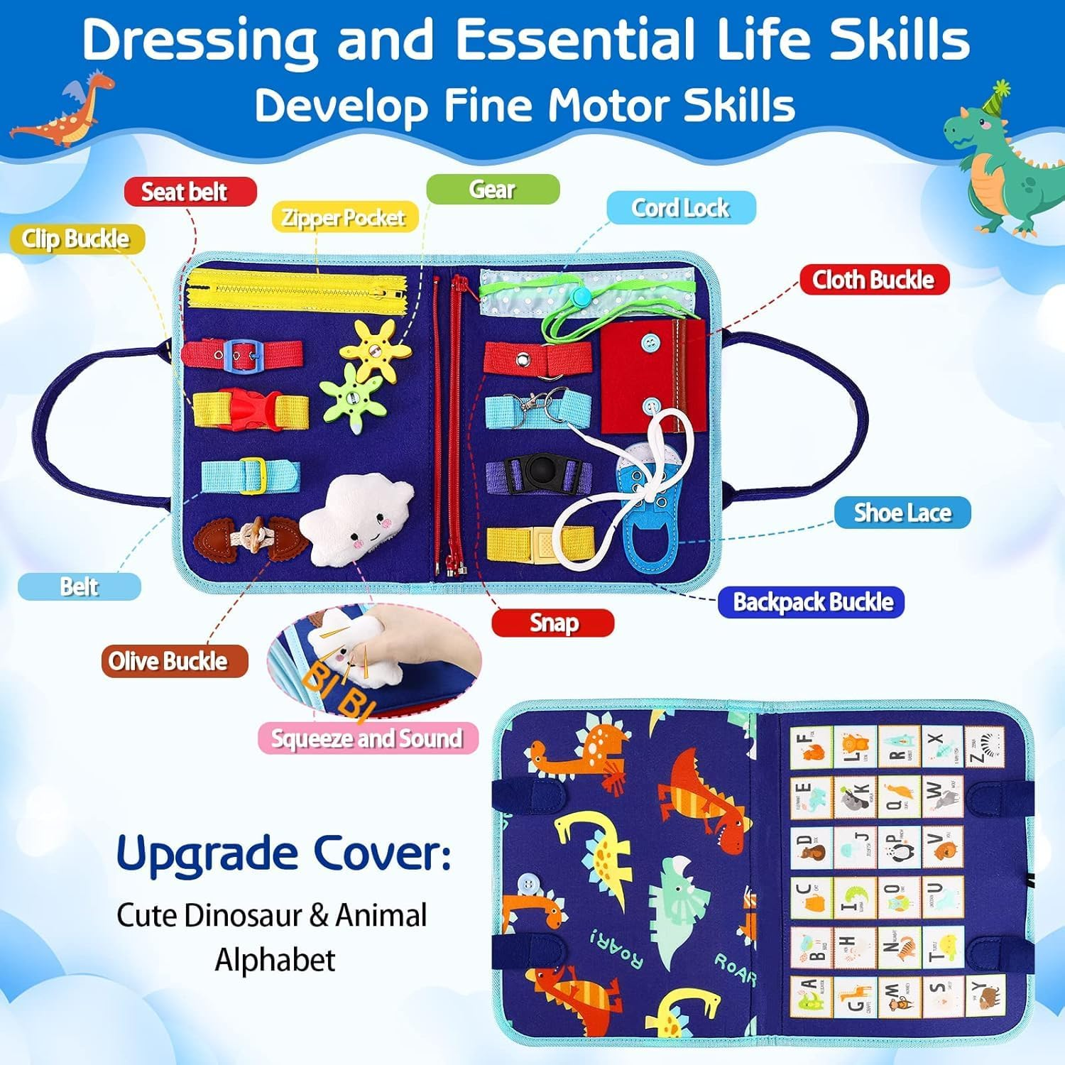 Jiaozoum Toddler Busy Board Montessori Toys, Sensory Board Educational Activities for Learning Fine Motor Skills, Gifts Girls Boys Toddlers, Travel Toys for Airplane Car,Blue Dinosaur image number 2