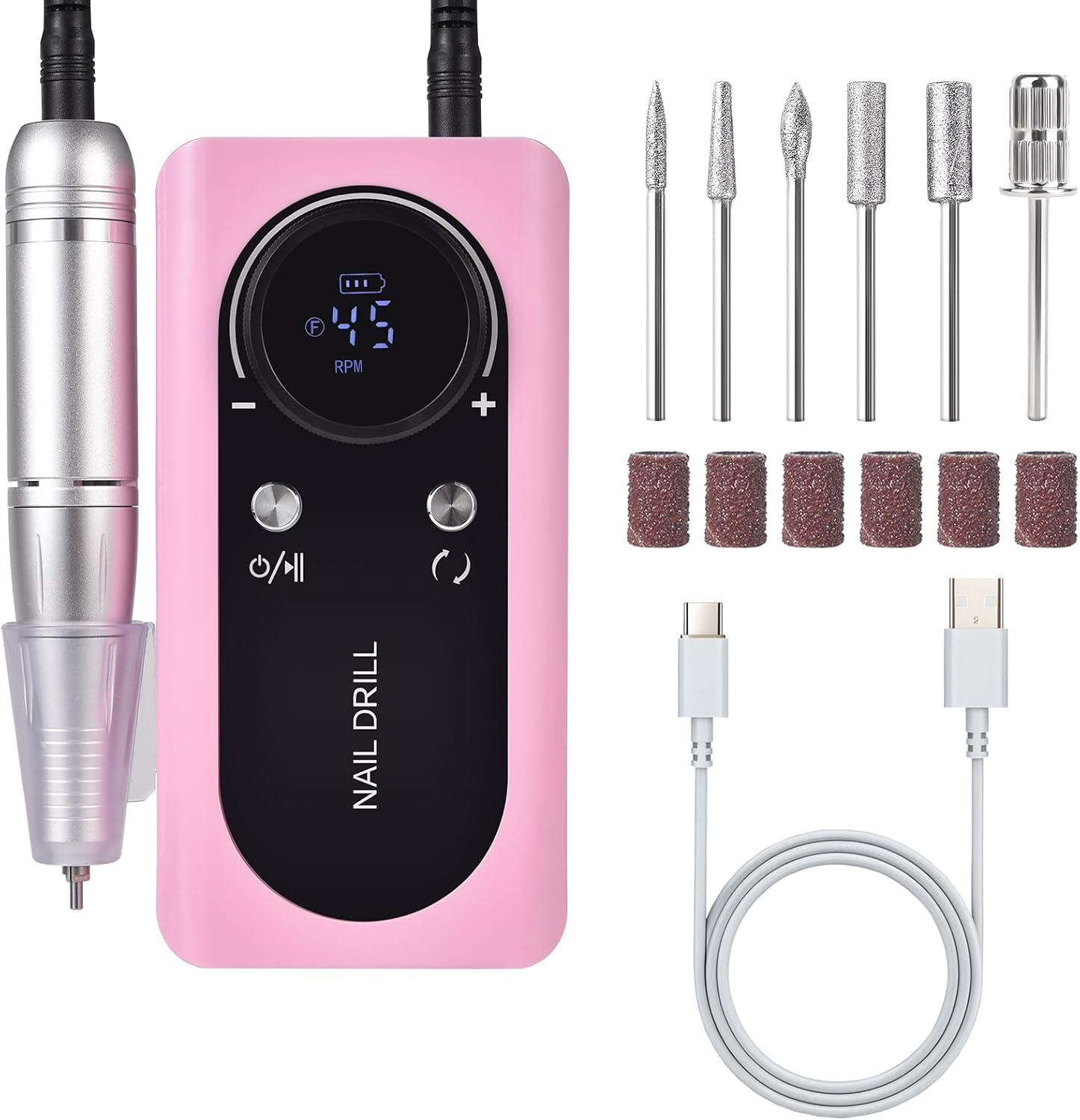 KADS Cordless Electric Nail Drill Machine 45000RPM Rechargeable Electric Nail File for Acrylic Gel Nail Removal Polishing Portable Nail Drill Kit for Nail Salon & Home Manicure Pedicure Tool (Pink)