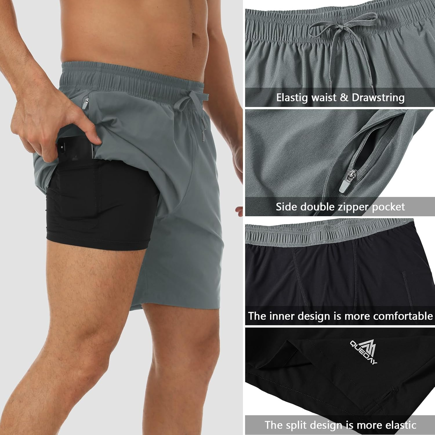 Queday Mens 2 in 1 Running Shorts with Liner 7 Inch Quick Dry Gym Athletic Workout Shorts with 2 Side Pockets with Zipper Back Pocket Inner Pocket image number 5