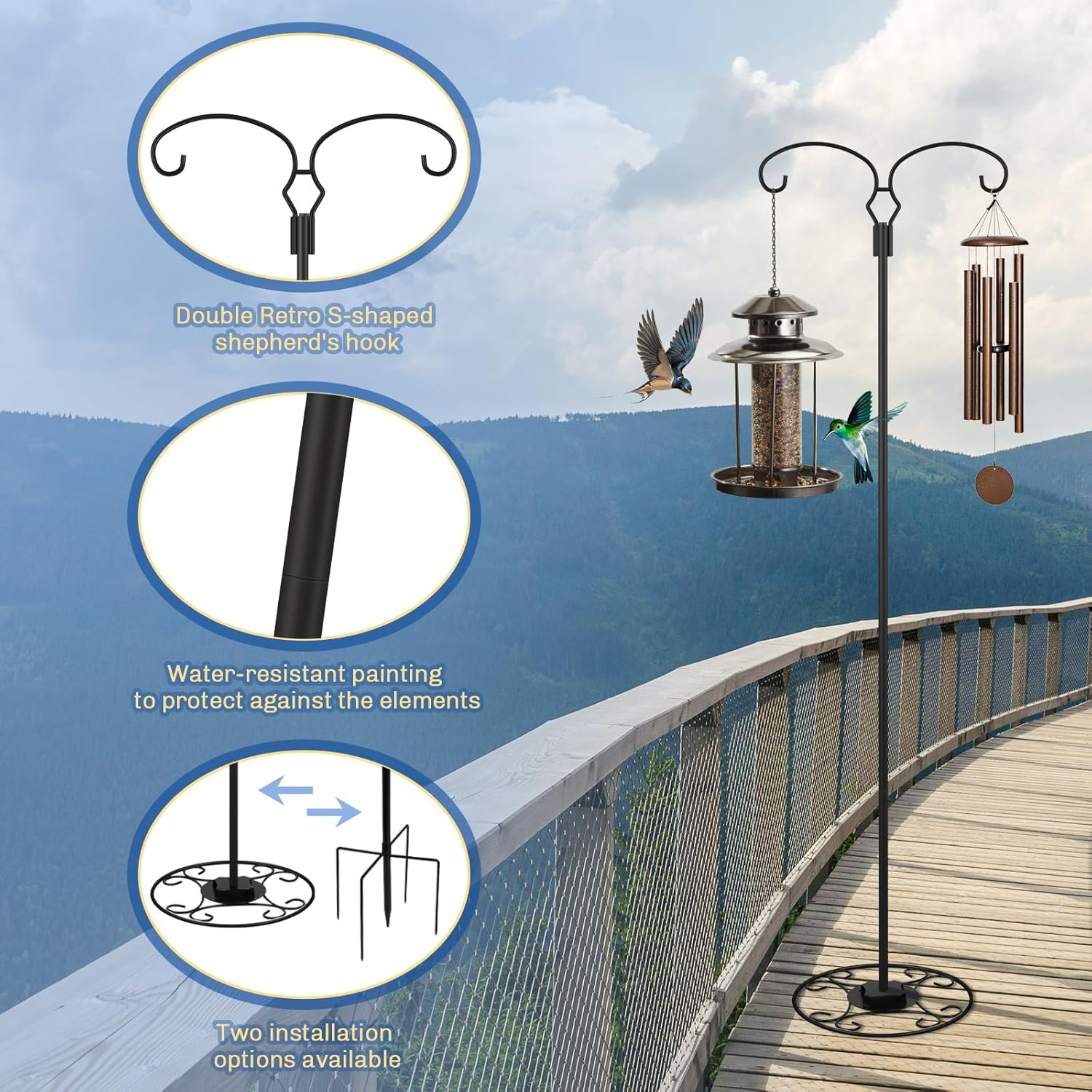 Liitrton 62.6 Inch Shepherds Hooks for Outdoor, Adjustbale Double Shepherds Hooks Hummingbird Feeder Stand Bird Feeder Pole Wind Chime Stand with round Base, 4 Prongs Base and Water Weight Bag image number 2