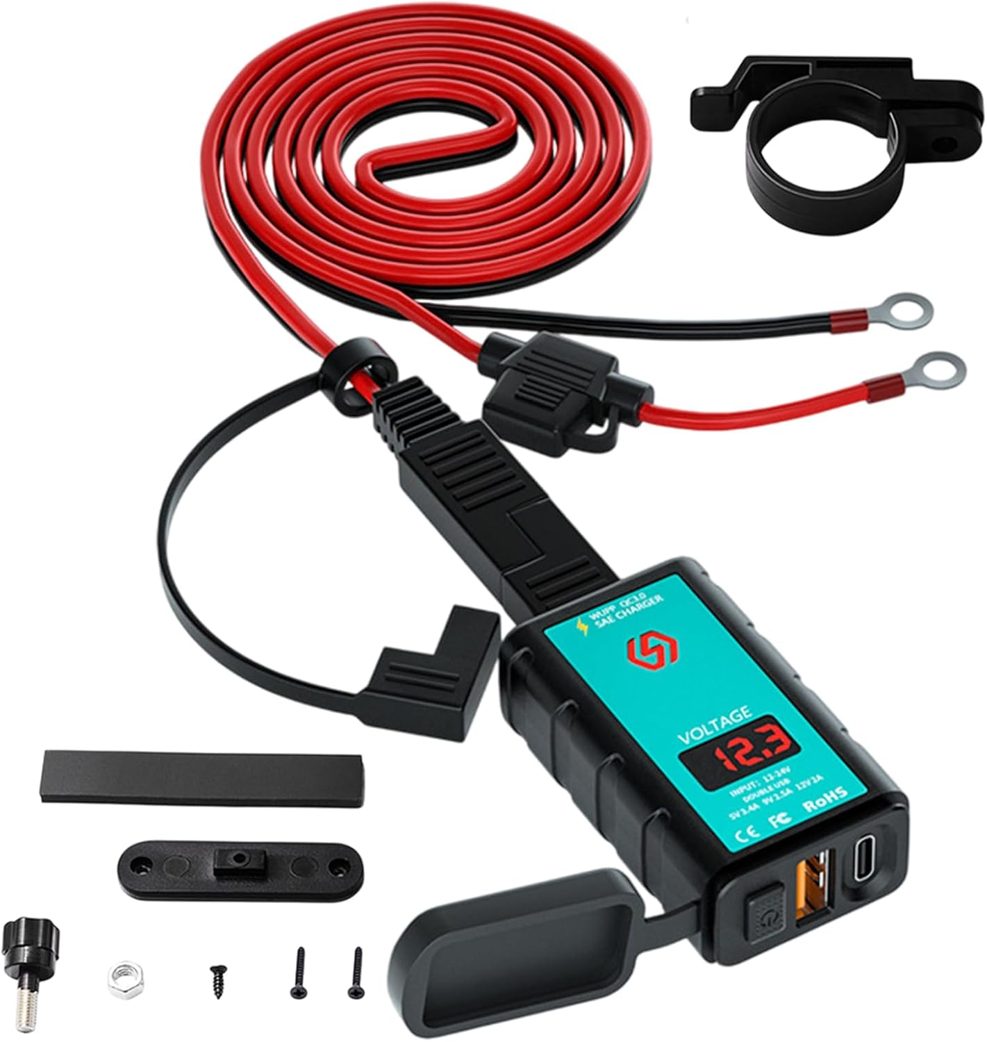 Motorcycle Phone Charger - Motorcycle SAE to USB Adapter with LED Voltmeter - Waterproof Boats Phone Accessories Adapter for Car, Atvs image number 2