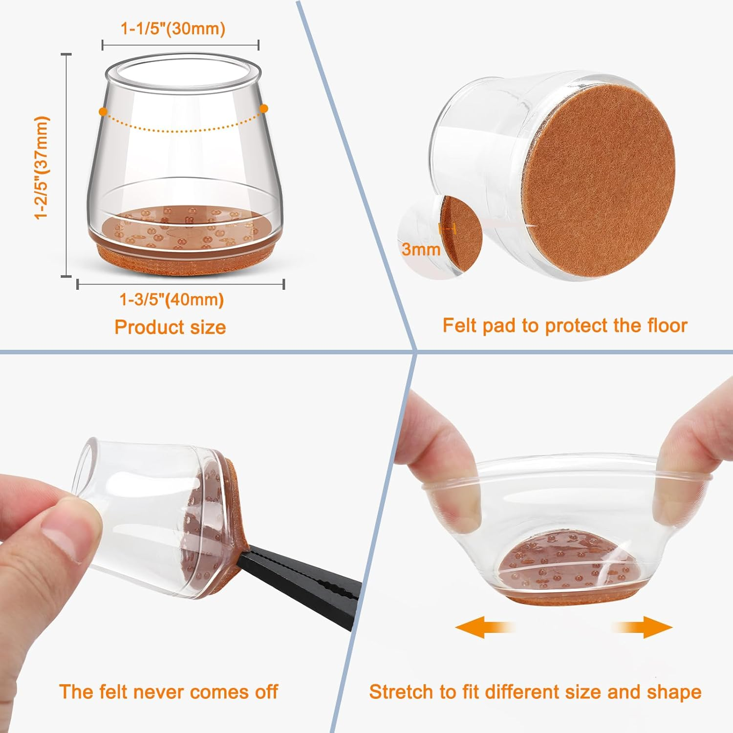 24Pcs Silicone Chair Leg Floor Protectors, Felt Furniture Pads for Hardwood Floors, Rubber Chair Leg Protectors for Hardwood Floors, Chair Leg Caps Chair Leg Covers for Wooden Floors(Clear, Large) image number 3