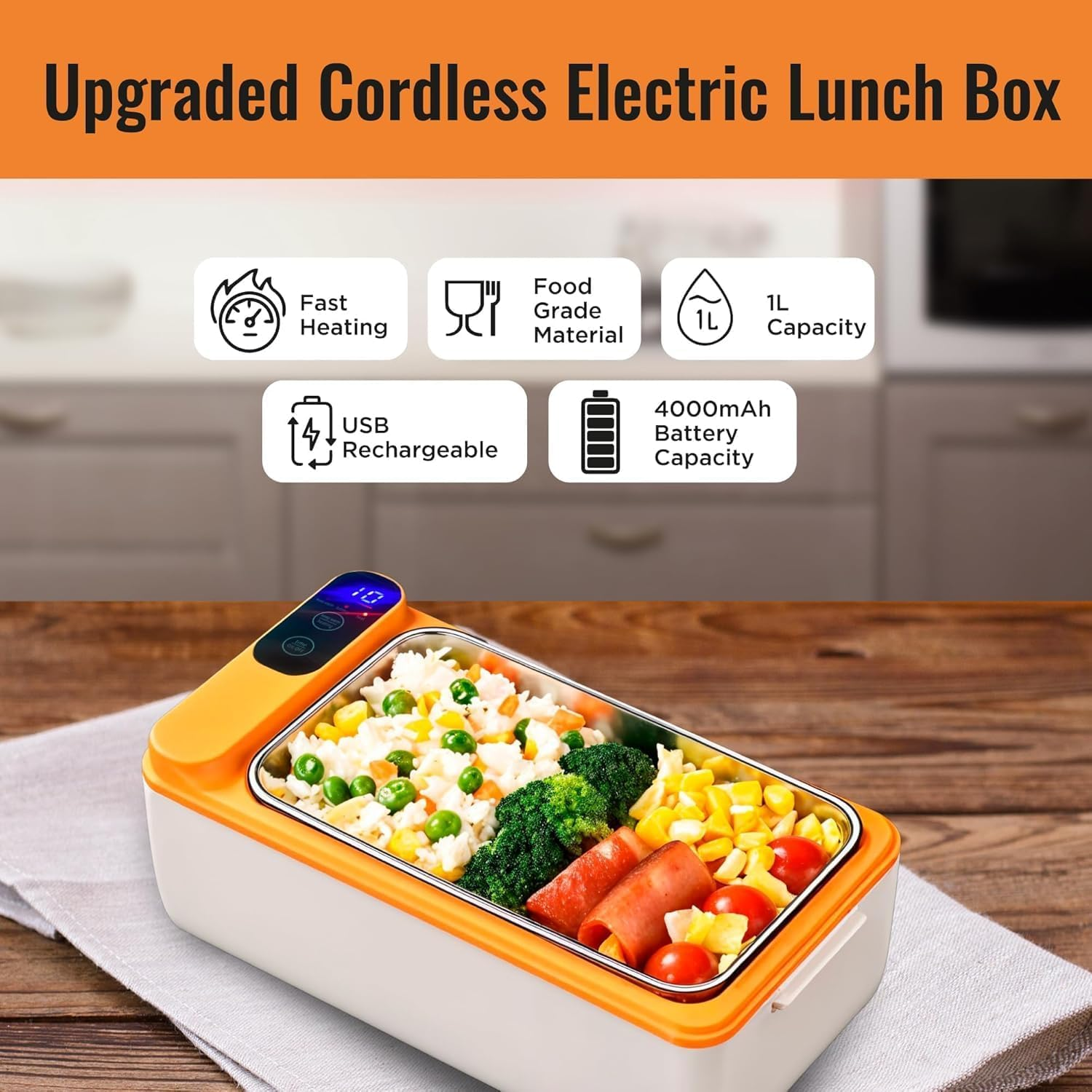 Bestbless Rechargeable Electric Heated Lunch Box - Cordless Portable Food Timer Heater Keep Hot Meal - Portable Self-Heating Food Warmer for Office, Picnic, Car & Outdoor Use image number 1
