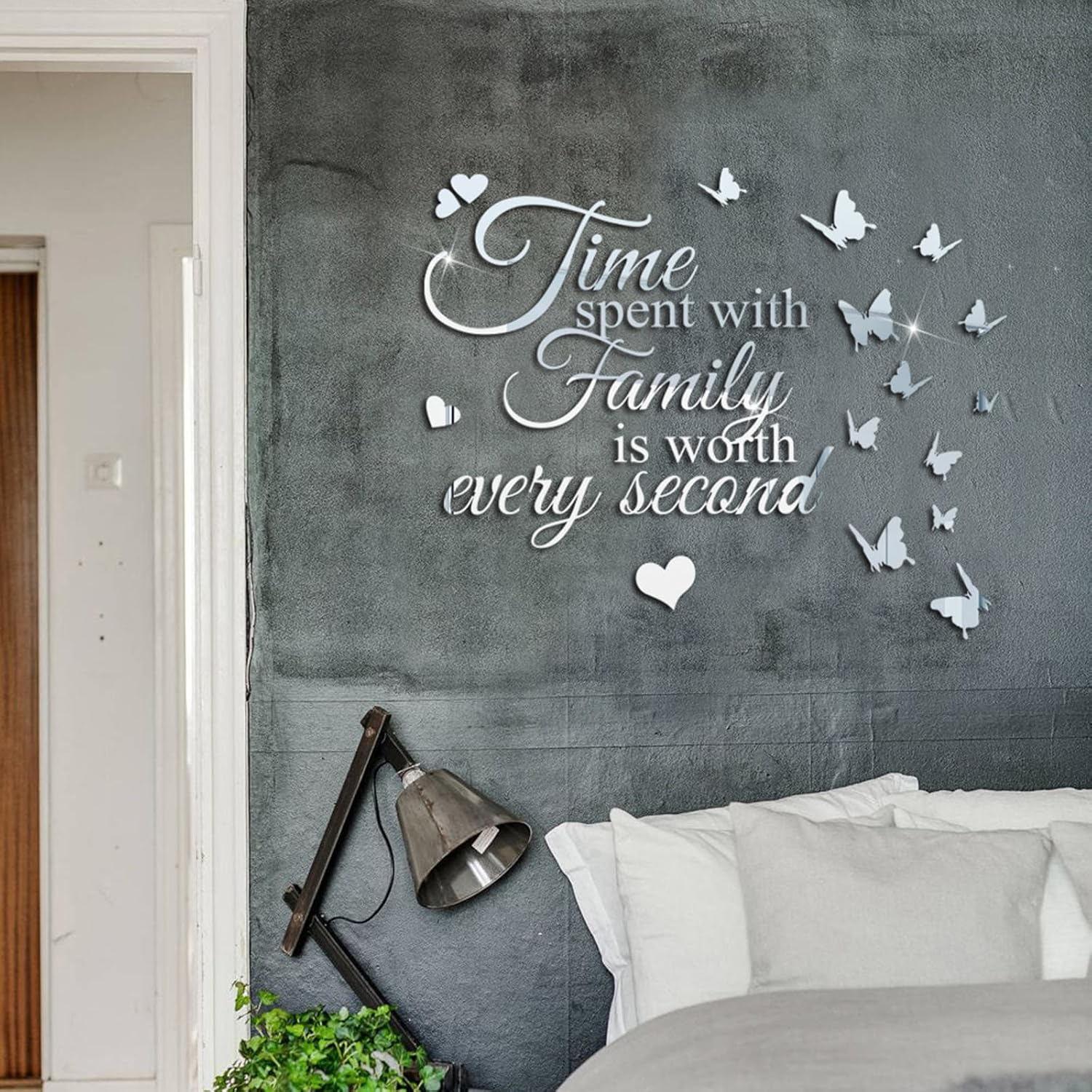 Fkereg Time Spent with Family Is Worth Every Second Mirror Wall Decal, 3D Acrylic Butterfly Wall Stencils Peel and Stick, Vinyl Wall Stickers Motivation Lettering Saying Wall Art Home Decor, Gold - Silver image number 2