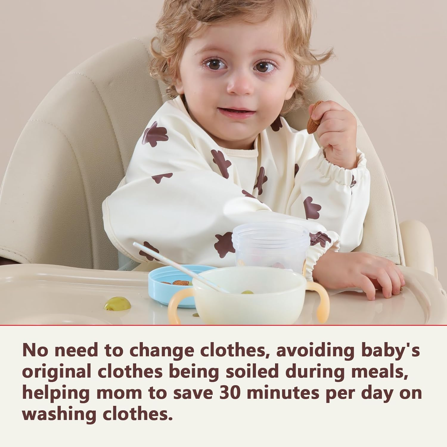 Hiumotan Feeding Bib & Baby Bib with Long Sleeves & BLW, Soft and Skin-Friendly Material, Coverall Bibs for Baby Feeding, Waterproof and Easy to Clean & Machine Washable, for Infant Toddlers - Beige image number 2