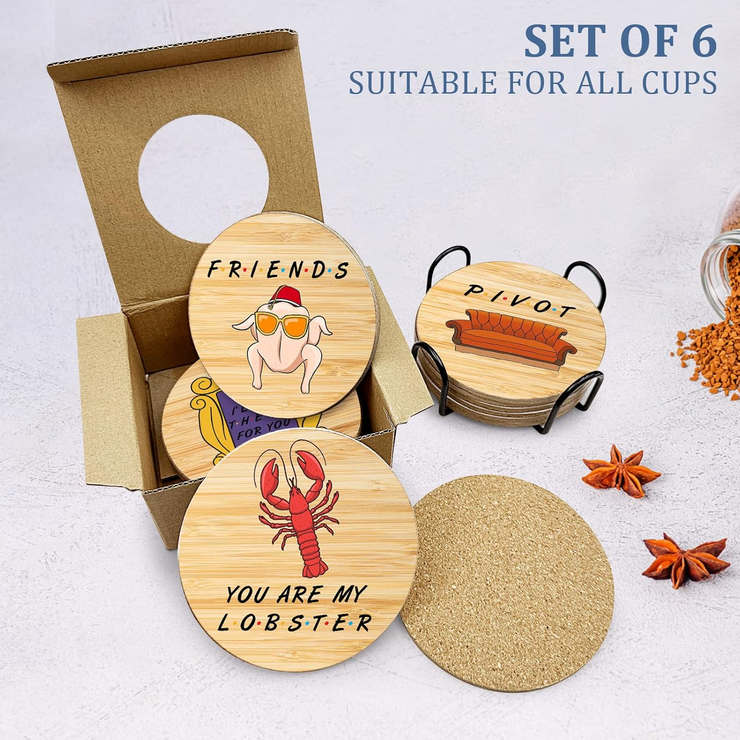 6 PCS Cork Coasters for Drinks,Friends TV Show Merchandise,Funny Coasters Set with Coaster Holder,Coasters for Coffee Table Tea Table Bar,Friends TV Themed Gifts for Fans image number 2